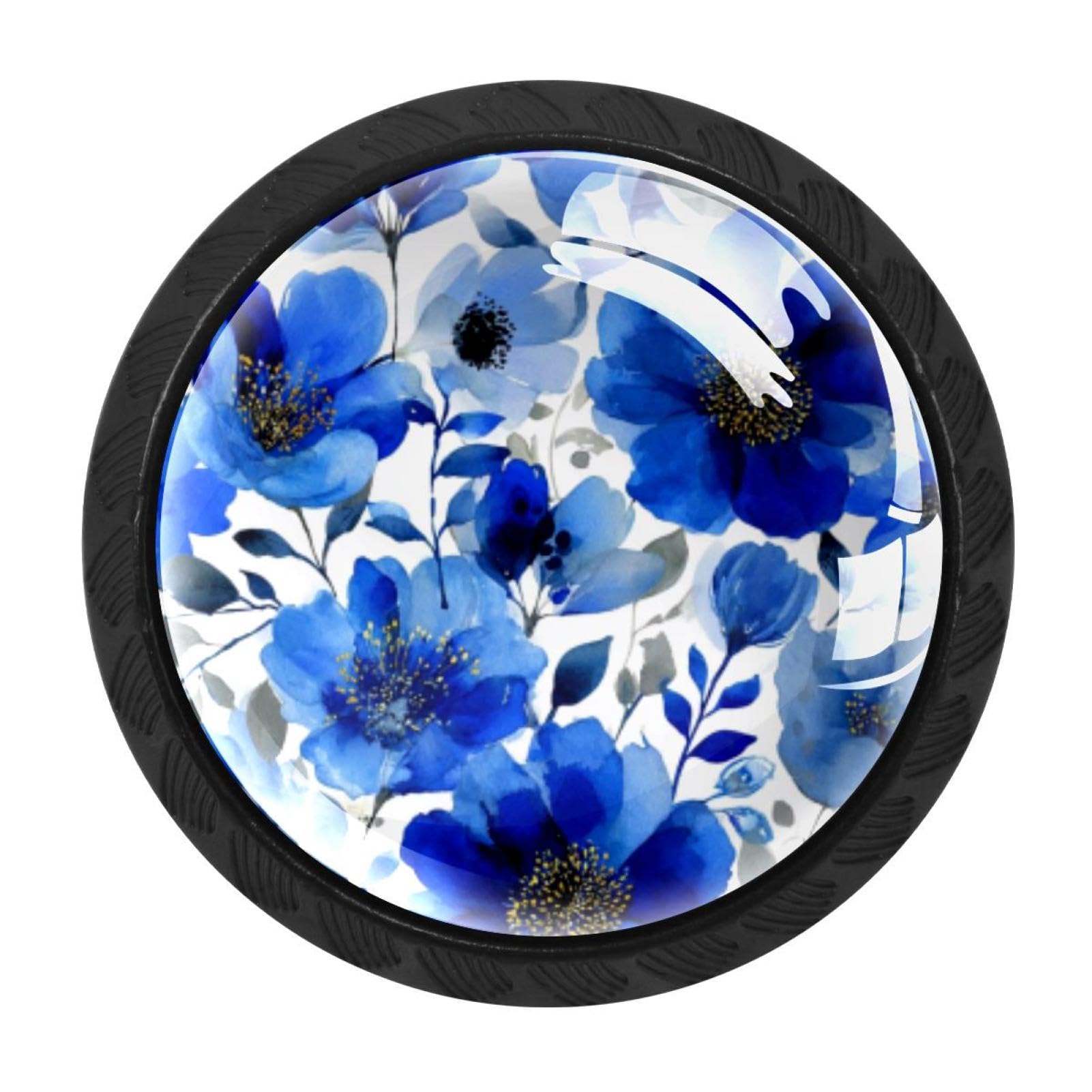CHENZZZZ 4 Pieces Black Cabinet Pull Handle with Screws,Blue Flowers Watercolor Floral (5) Kitchen Knobs, Hardware for Cupboard Drawer Dresser
