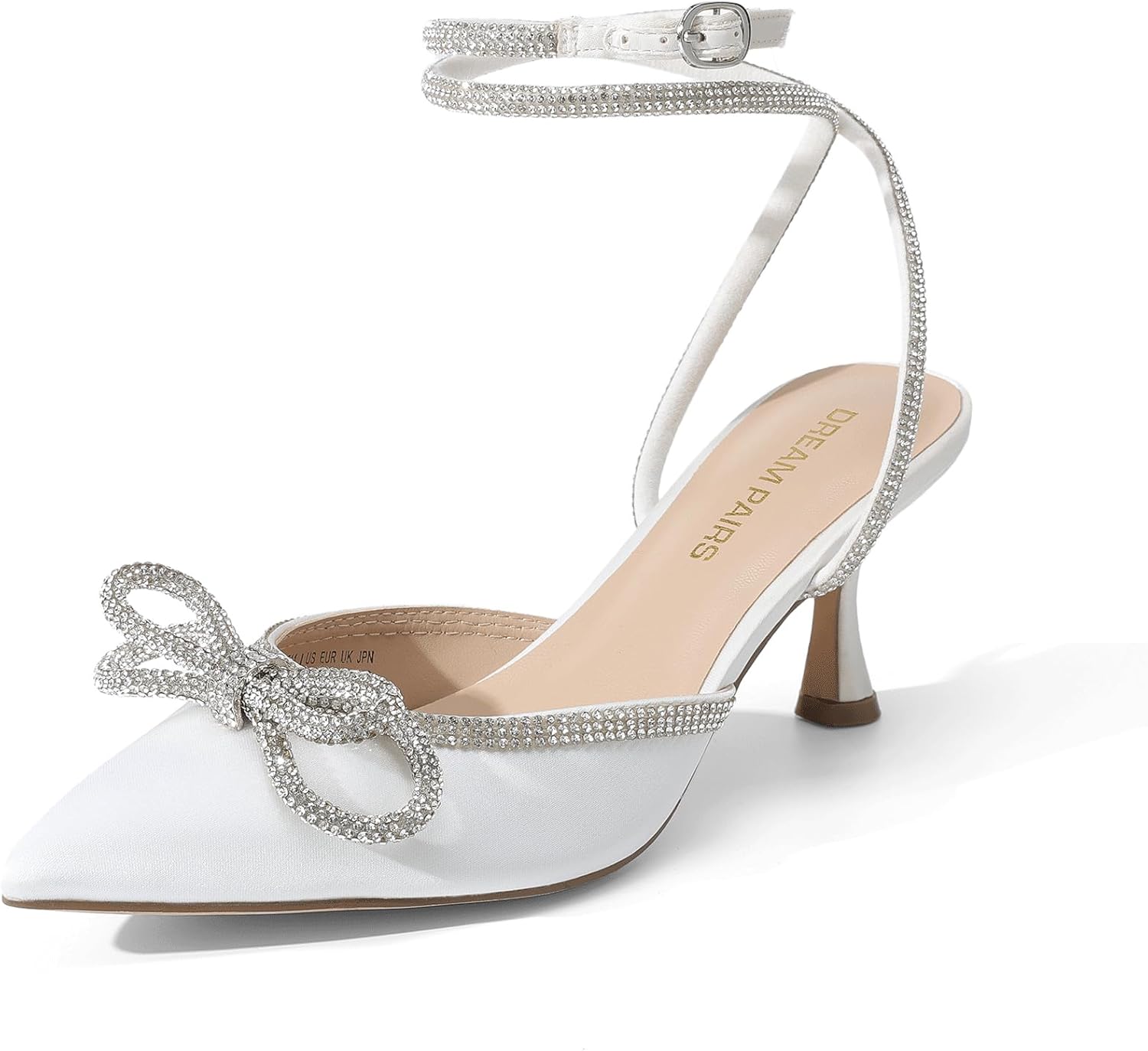 DREAM PAIRS Kitten Heels Rhinestone Bow Ankle Strap Stiletto Pointed Closed Toe Heels for Women Pumps Wedding Bridal Party Dress Shoes