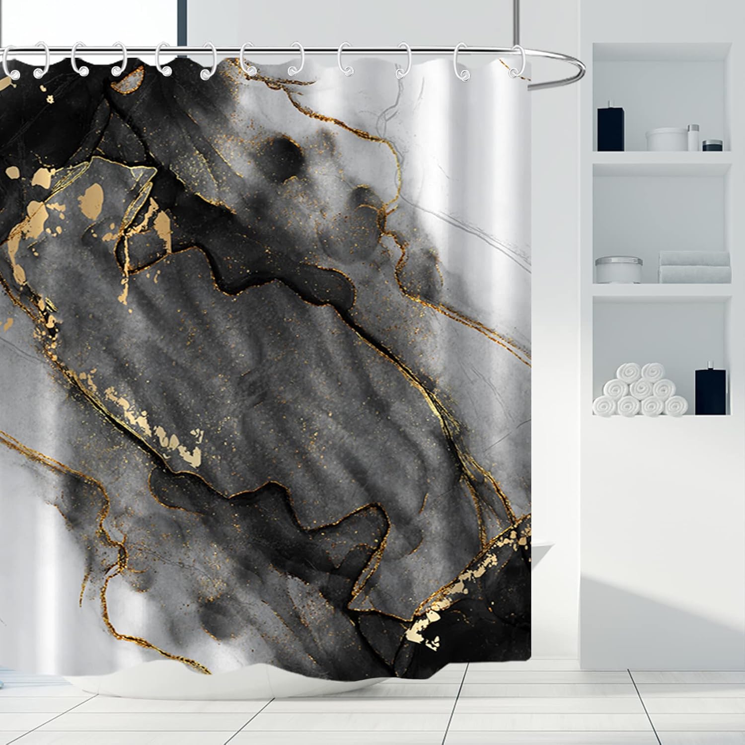 AWERT Dreamy Ink Art Black Glod Marble Shower Curtain for Bathroom Modern High Definition Printing Waterproof Shower Curtain with Hooks Bathroom Decor 72x84inch