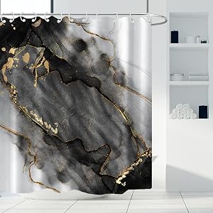 AWERT Dreamy Ink Art Black Glod Marble Shower Curtain for Bathroom Modern High Definition Printing Waterproof Shower Curtain with Hooks Bathroom Decor 72x72inch