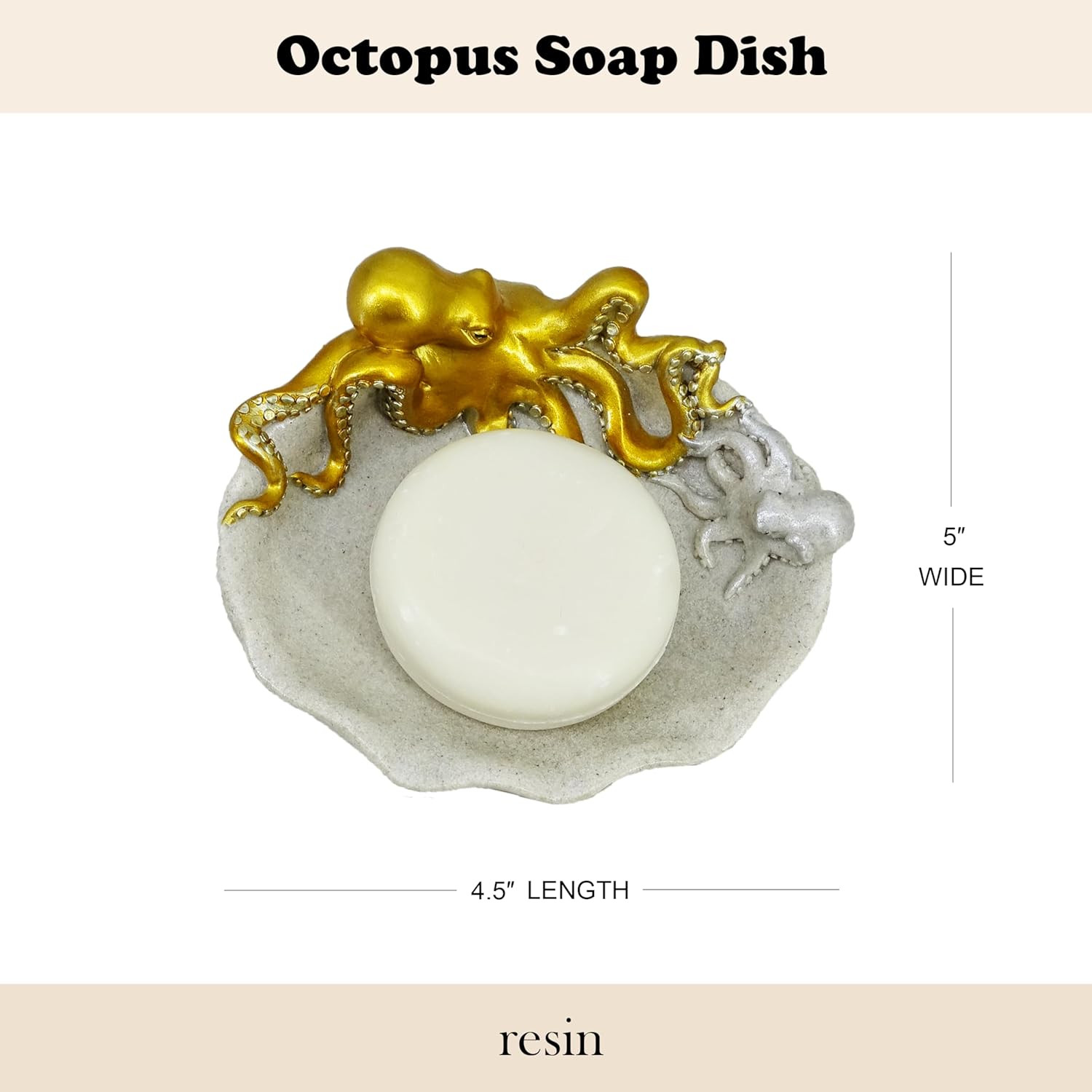 5-inch Octopus Soap Dish - Loyal Gold Resin Bathroom Decor with Mother & Baby Design, Cast Iron Inspired Coastal Organizer