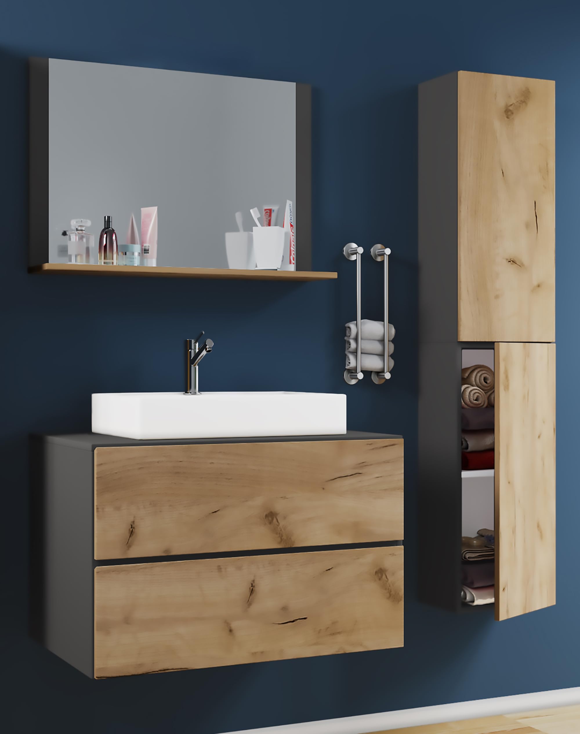 VCM Meuble Vasque Salle de Bain, Ensemble Salle de Bain Meuble, Ensemble Meuble Vasque Salle de Bain Anthracite/Chêne Miel