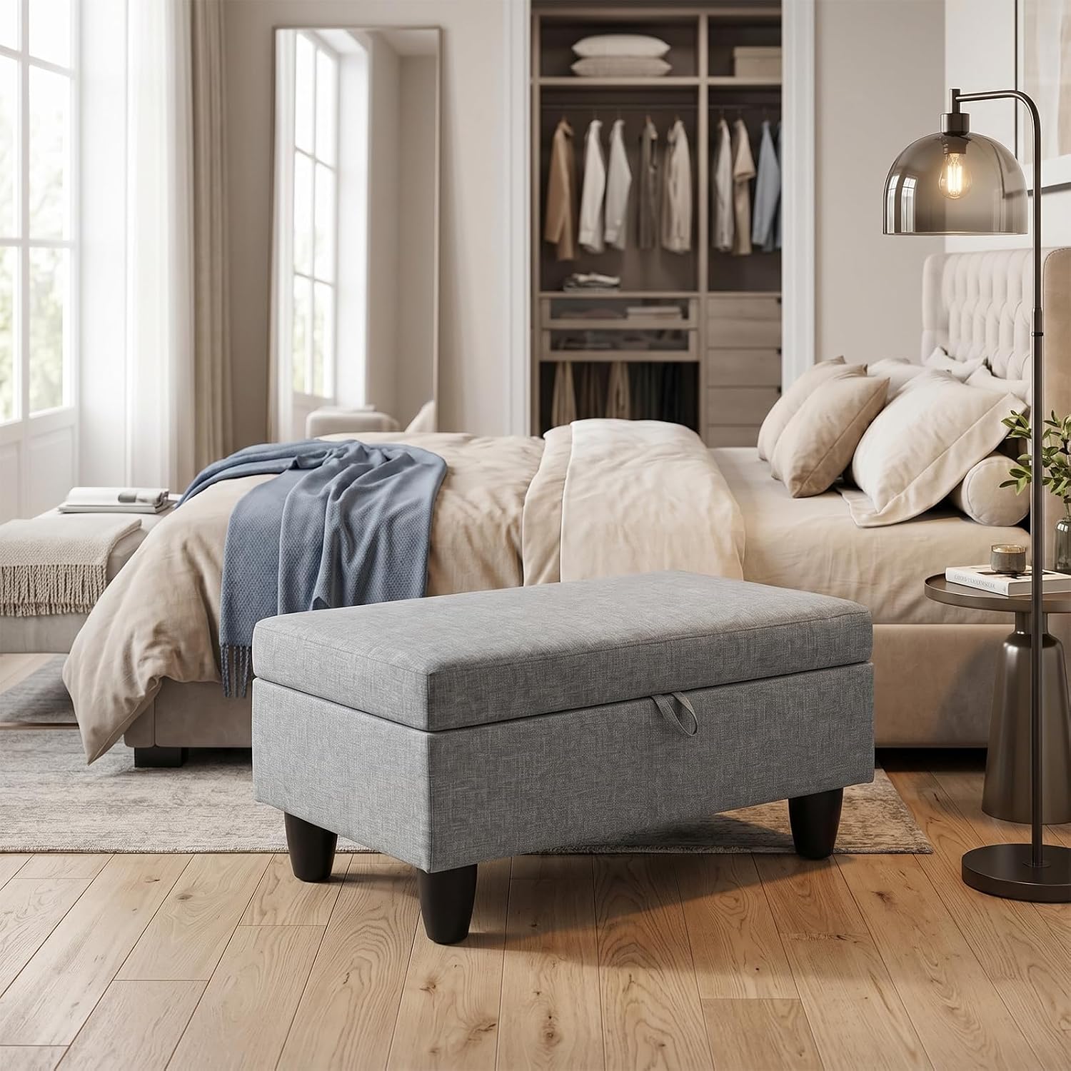 35" Storage Ottoman with Storage for Bedroom, Solid Wood End of Bed Bench, 660lbs Capacity Heavy Duty Foot Rest Stool, Grey Linen with Double Layer Springs