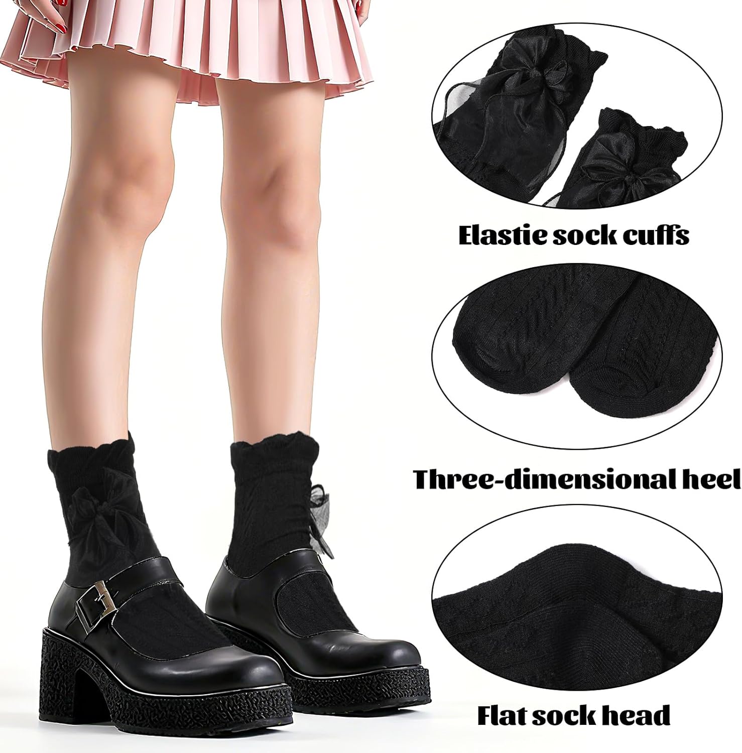 2 Pairs Ruffle Socks with Bow, Cute Princess Lolita Frilly Socks for Women Girls, Breathable Cotton Lace Ankle Sock for Women(Black, White) - Image 2