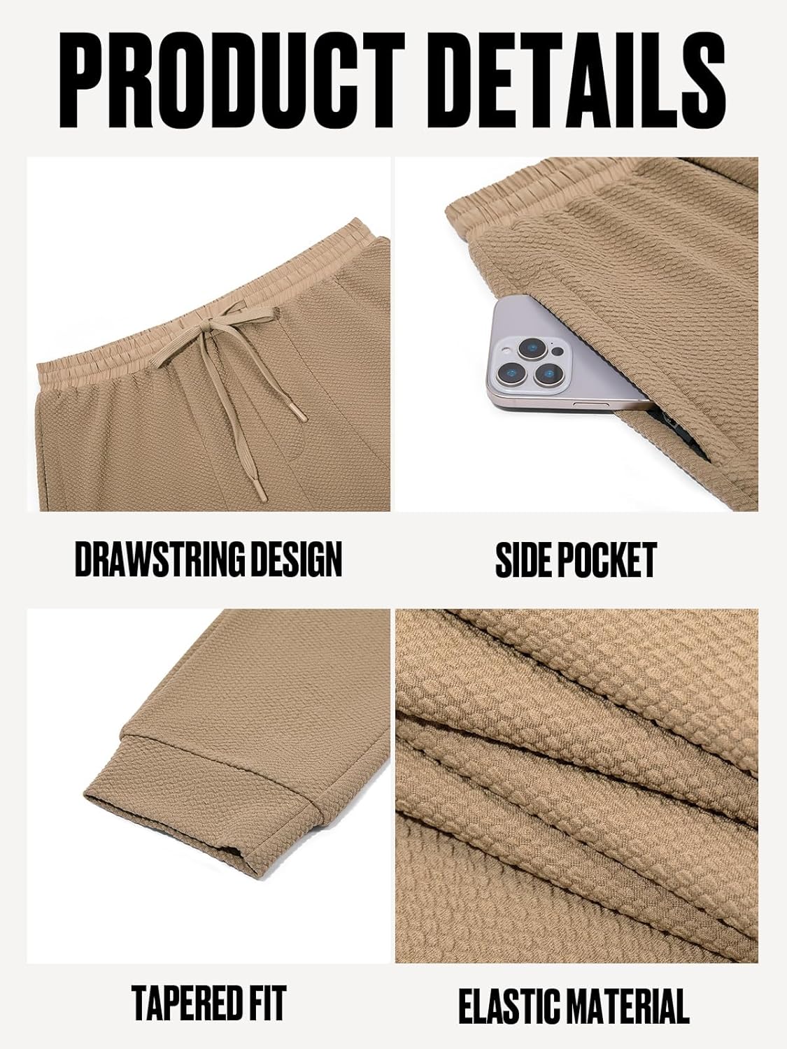 Yousify Mens Sweatpants Athletic Elastic Waist Drawstring Gym Joggers Stretchy Textured Tapered Pants