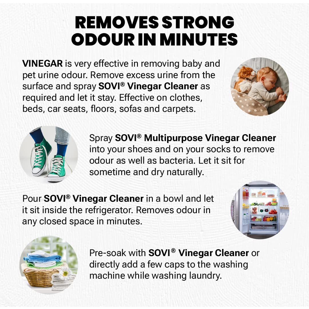 SOVI Eco-friendly Vinegar Multi-Purpose Cleaner, Hard Water Stain Remover & Degreaser, Tough Limescale Remover, Pet Odour Remover, The Clean Scent - 500 ml (Pack of 2) 4 71F8iOUHGOL. SL1080