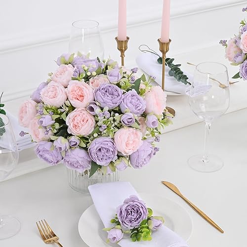 Miniatura 9 de MARTINE MALL - Paquete de 4 flores de peonía artificiales, de seda, ramo de peonías artificiales para centros de mesa, bodas, fiestas y decoración