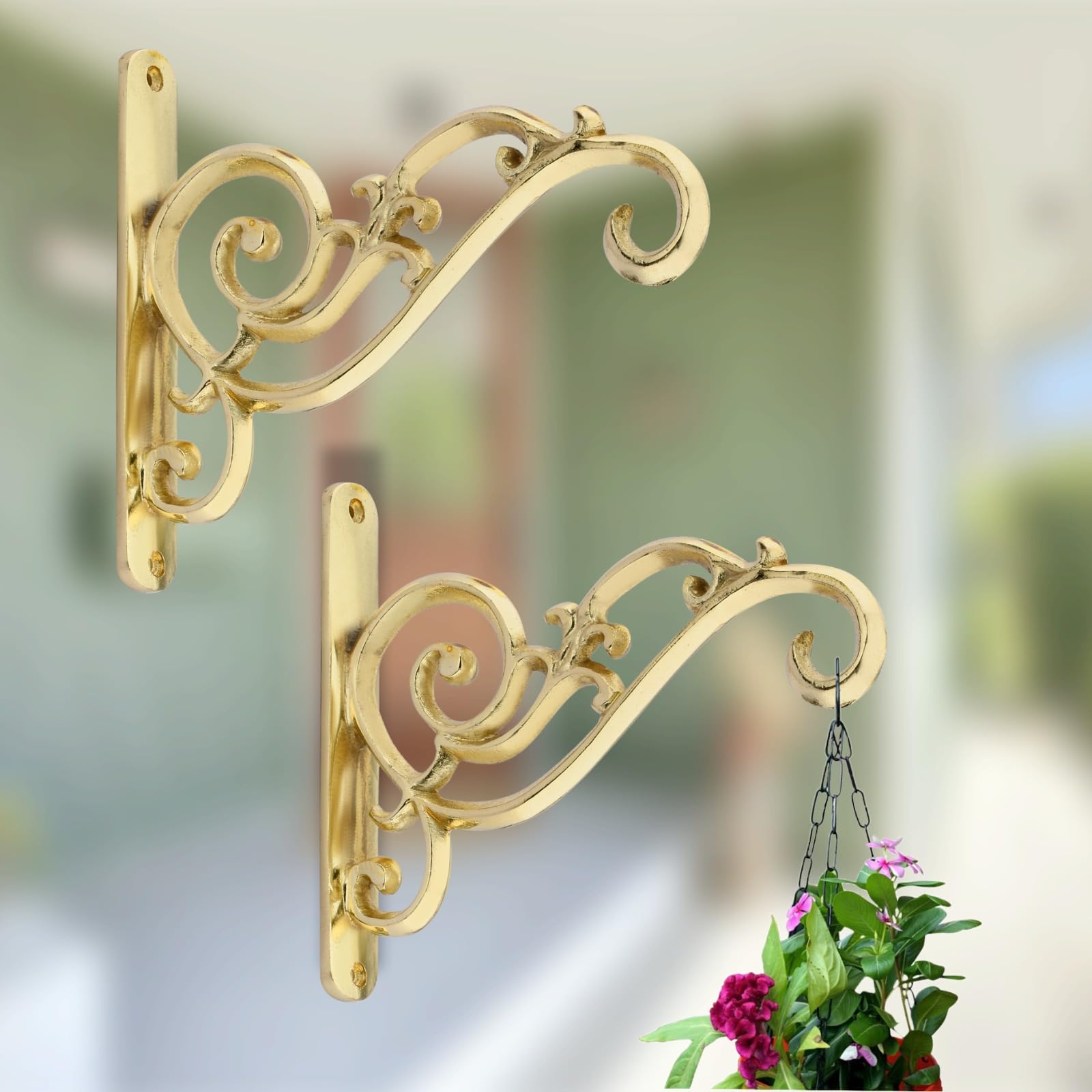 REAL ECO STAR Metal Wall Hook Hanging Plant Bracket | Decorative Straight Plant Hanger for Pots Bird Feeders Planters, Lanterns, Cotton, Wind Chimes Indoor and Outdoor Hanger (Pack of 2, Gold 45)-image-9