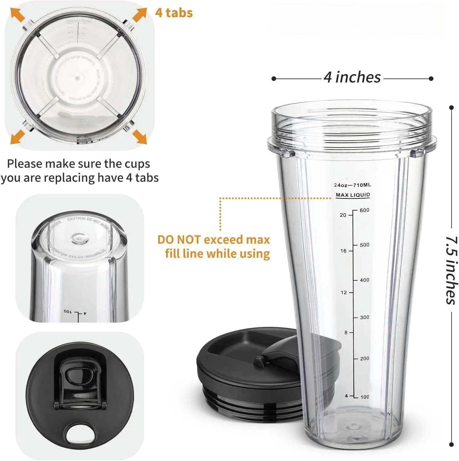 Blender Replacement Parts for Ss101, 24 Oz.Slim Single-Serve Cups Kit with to-Go Lids