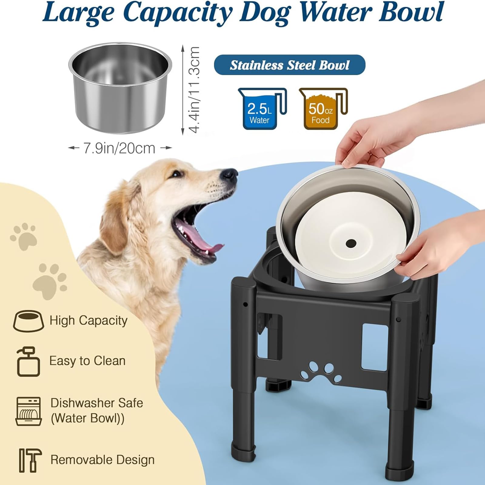 Gamelles surélevées pour chien, gamelle d'eau surélevée pour chien sans déversement, gamelle d'eau surélevée de grande capacité de 80OZ pour chiens, gamelle d'eau surélevée réglable à 3 hauteurs