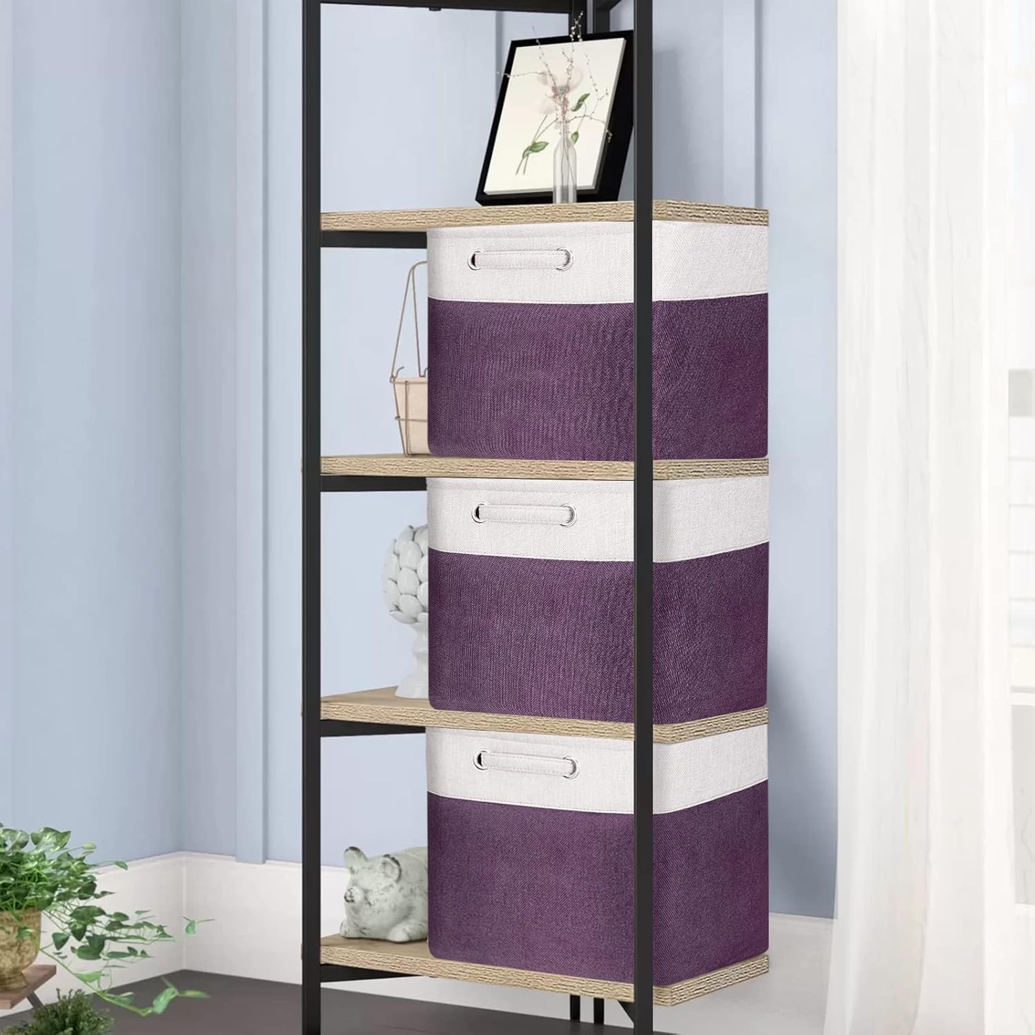 13 Inch Cube Storage Bins Purple - 3-Pack Purple Storage Cubes with Handles, 13x13x13 Fabric Storage Bins, Foldable Dark Purple Storage Baskets for Shelves, Cloth Organizer Cube Bins