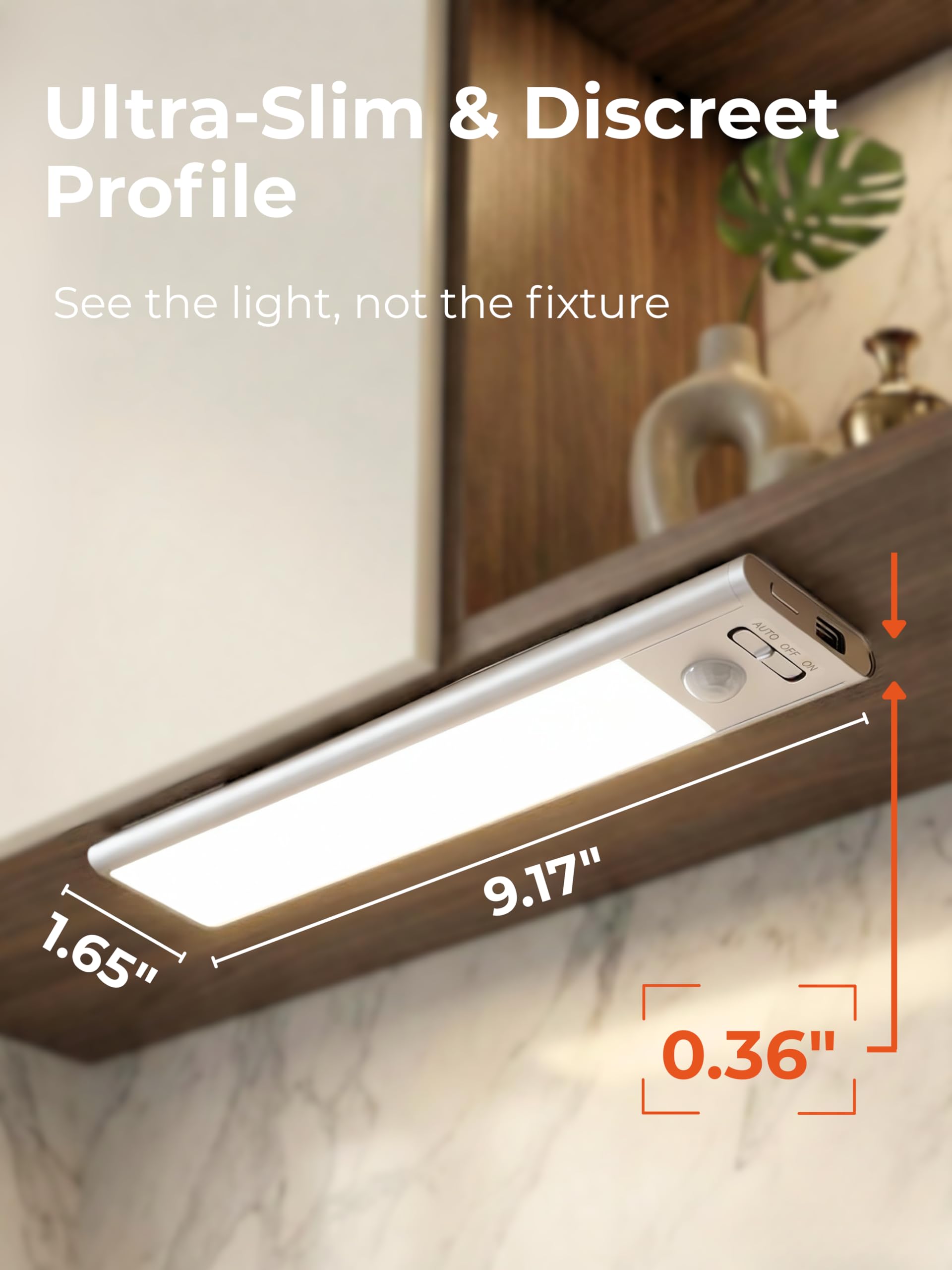 Iluminación automática debajo del gabinete, luz LED recargable con sensor de movimiento, diseño magnético inalámbrico, temperatura tricolor, 110 lúmenes, para despensa, escaleras, armario