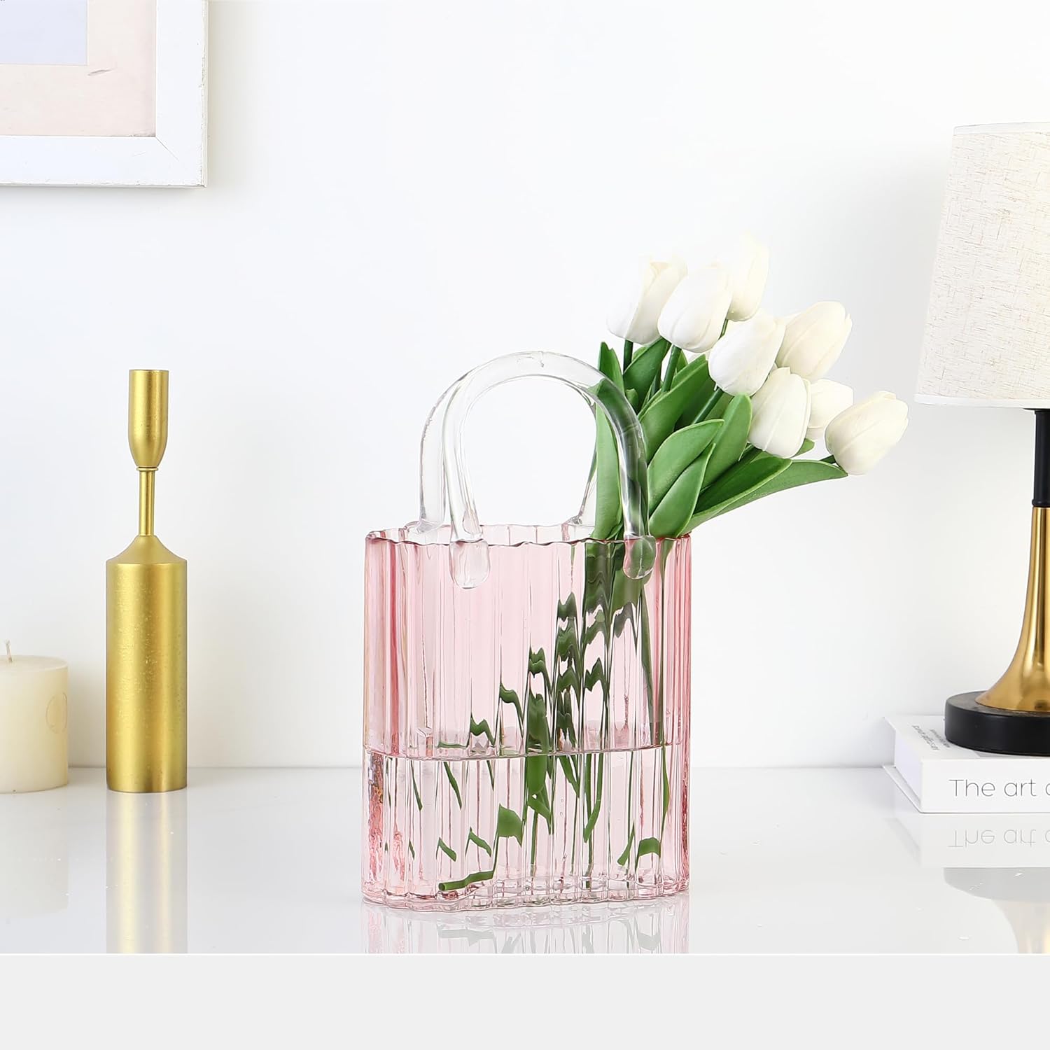 Purse Vase, Pink Glass Bag Vase, Glass Purse Vase for Flowers, 11.2 Inch Large Flower Vases, Ribbed Vases for Wedding, Living Room, Bedroom, Table, Office