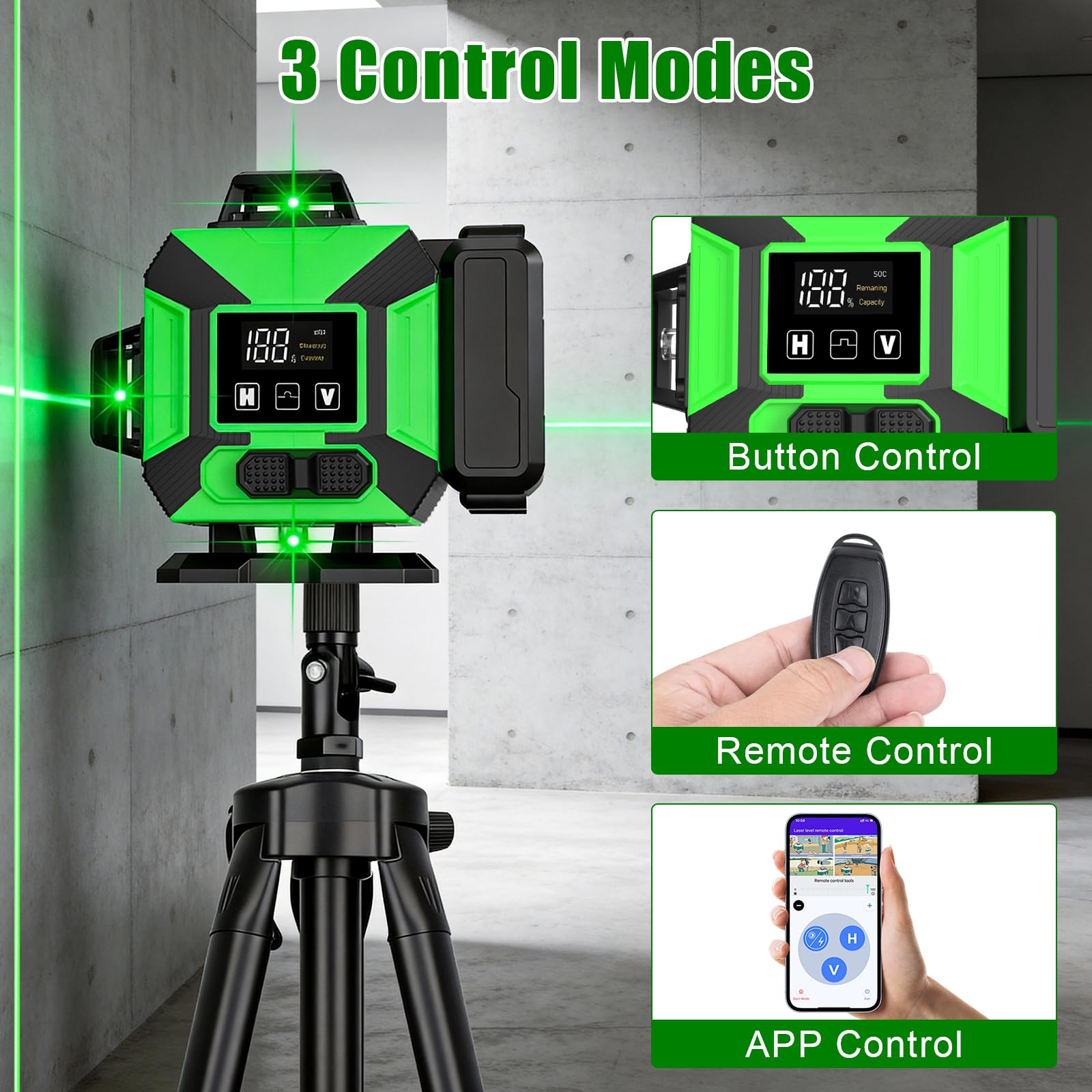 Livella Laser Autolivellante con Treppiede, 4 x 360° Laser a Linee Incrociate, Livella Laser Verde Regolabile Luminosità, Dispositivo di Livellamento con 2 x 3600 mAh Batteria per cantieri Interni DIY