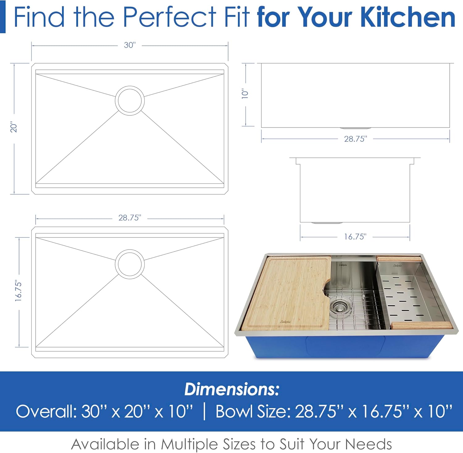 Dakota Workstation Kitchen Sink with Accessory Ledges, 30X20", 16 Gauge Stainless Steel, Undermount Single Bowl Drop In Sink with Colander, Bamboo Cutting Board, Bottom Grid, Premium Kitchen Sinks.