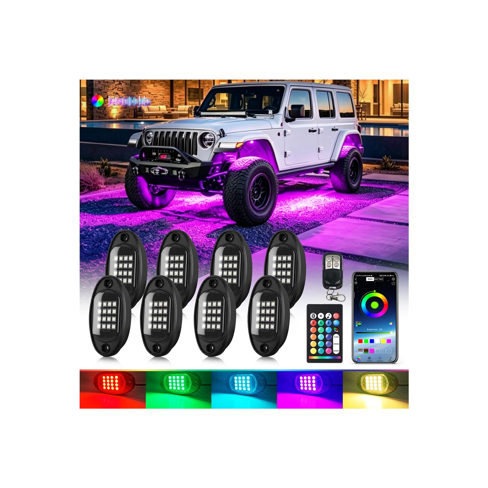 LD DARKEAGLE 8Pods Segmented RGB LED Rock Lights Kit for Jeep