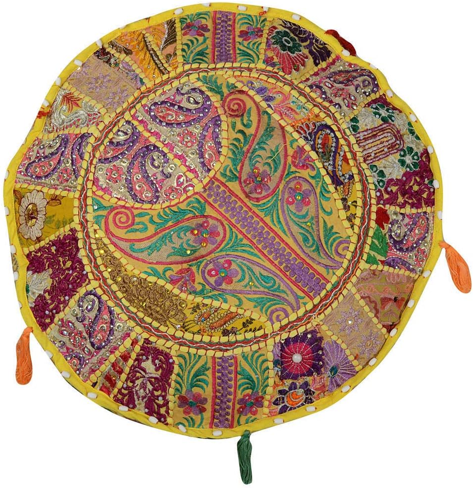 Mango Gifts Handmade Embroidered Patchwork Pouffe Cover Ottoman 22 x 14 Yellow