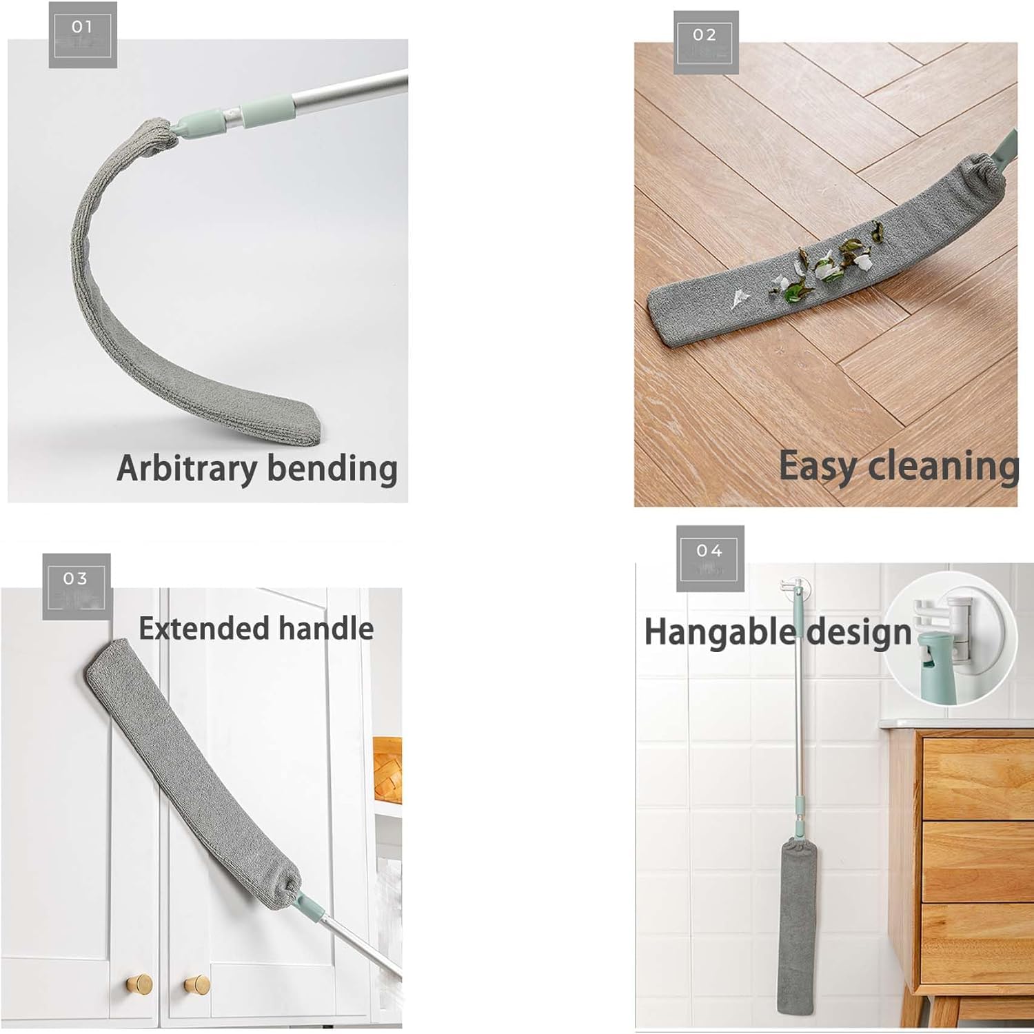 Artefatto retrattile per la pulizia della polvere con 3 panni in microfibra, strumento di pulizia per spolverare estensibile, riutilizzabile, lavabile, per casa, soffitto, tapparelle, mobili (2 pezzi)