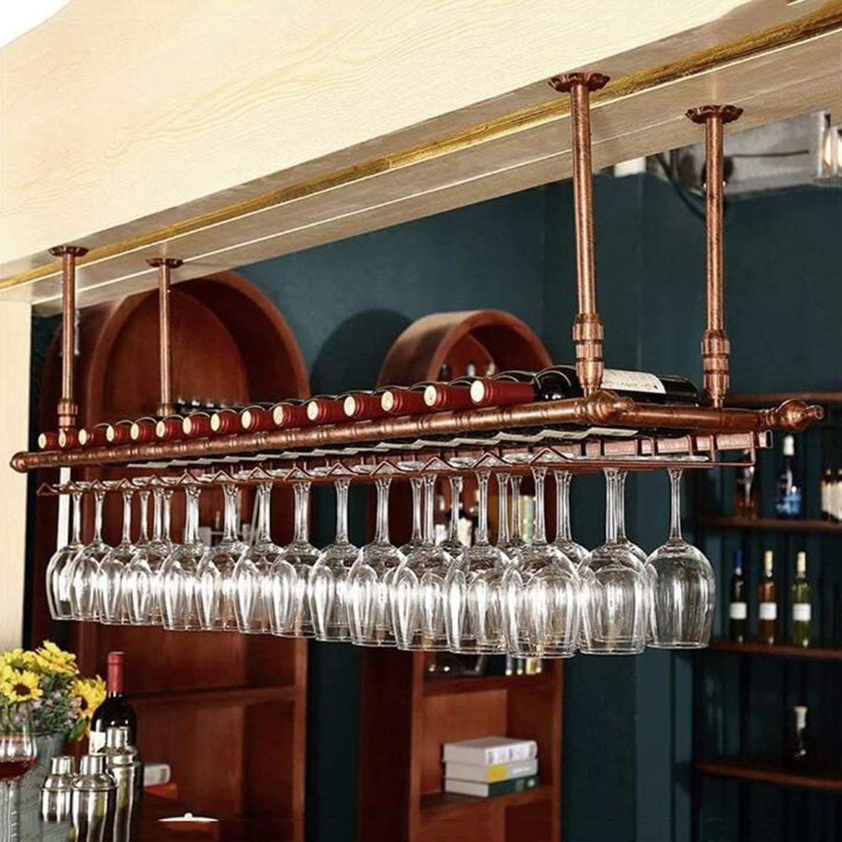 Casier à vin rond suspendu industriel de plafond avec support de verres pour cuisine et salon