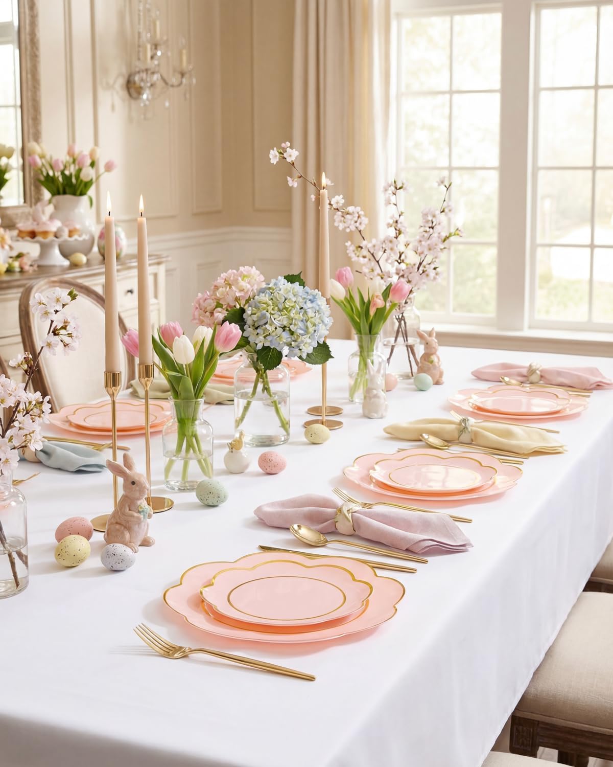 WONDERFUL 60pcs High-End Pink Plastic Plates - Disposable Heavy Duty Pink Plates with Gold Rim Plastic Disposable Plate for Party Wedding/Easter/Upscale Banquet Suitable for 30 Guests