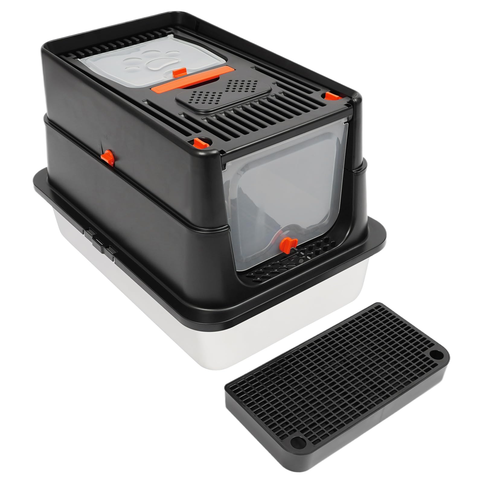 Caja de arena cerrada de acero inoxidable con tapa, caja de arena para gatos con pala, pedal de basura y almohadillas de agarre con apertura en forma de U, adecuado para gatos de hasta 15 kg (negro)
