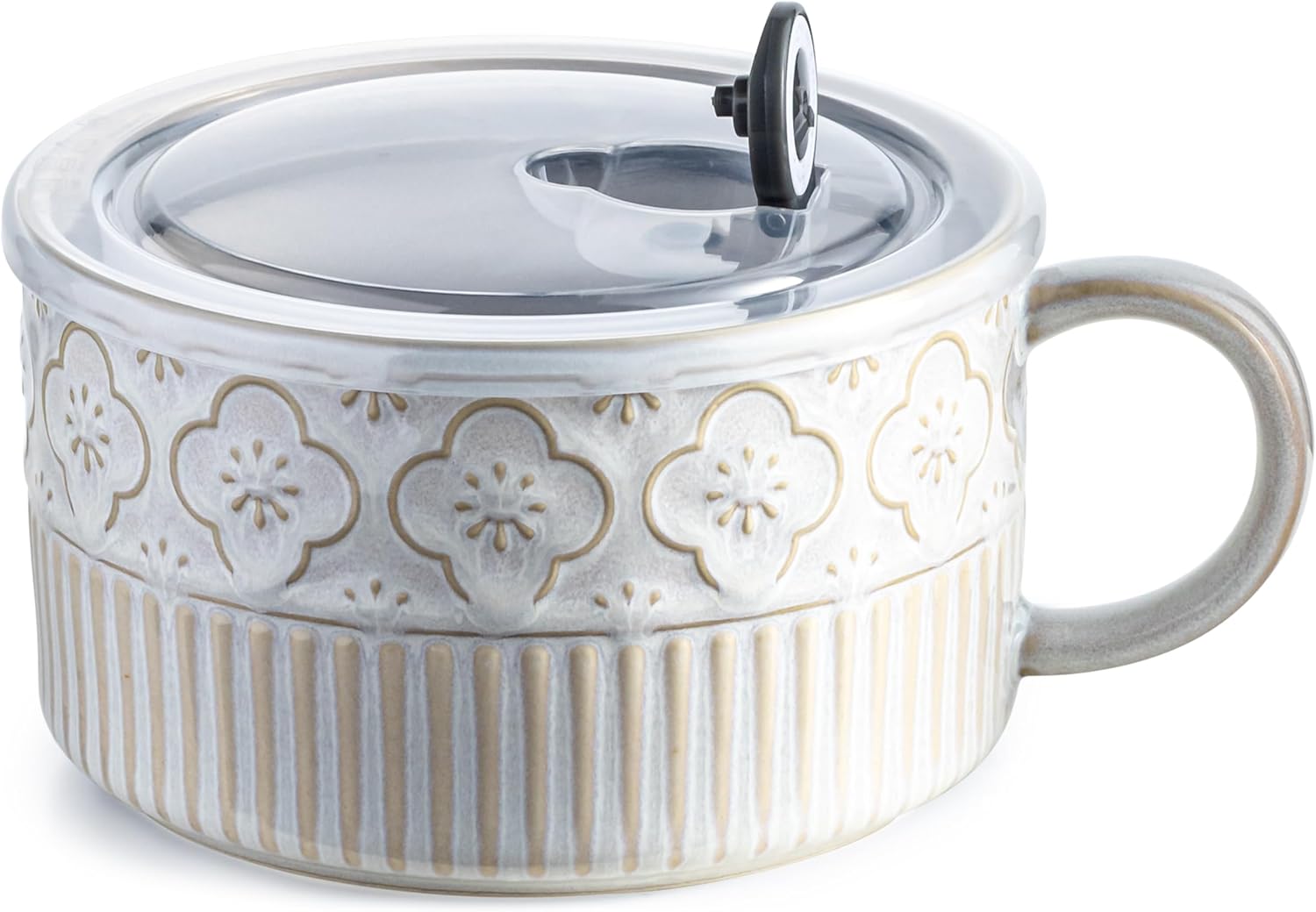 gomakren extra large soup bowl with handle, 39 ounces microwave ramen bowl, ceramic bowl with lid, 6 inch soup mug cup for cereal, ramen, instant noodle, beige white beige white plum blossom