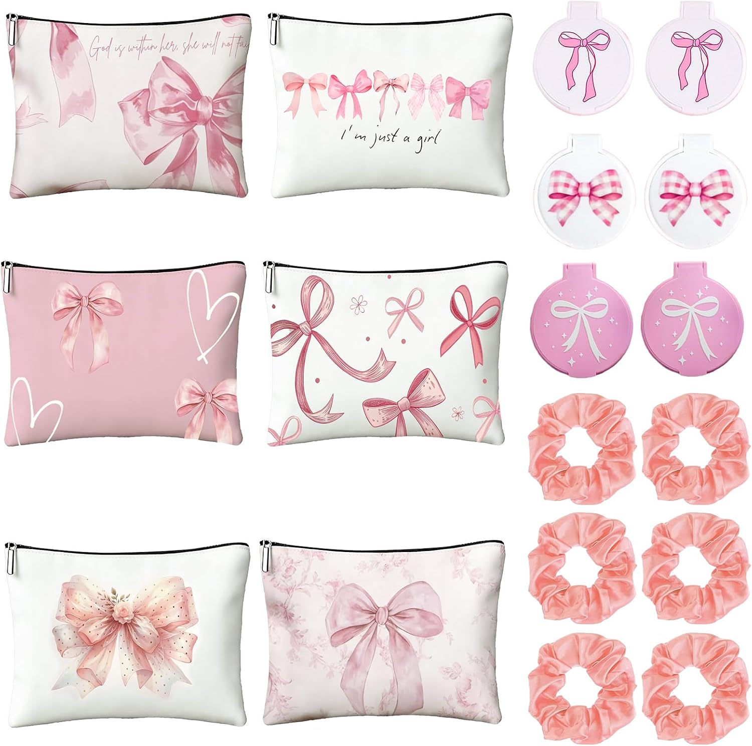 18 Pcs Coquette Preppy Pink Bow Party Favors Stuff Include 6 Pink Bow Makeup Bags 6 Aesthetic Compact Mirror 6 Hair Scrunchies Gifts for Women Mother Sister