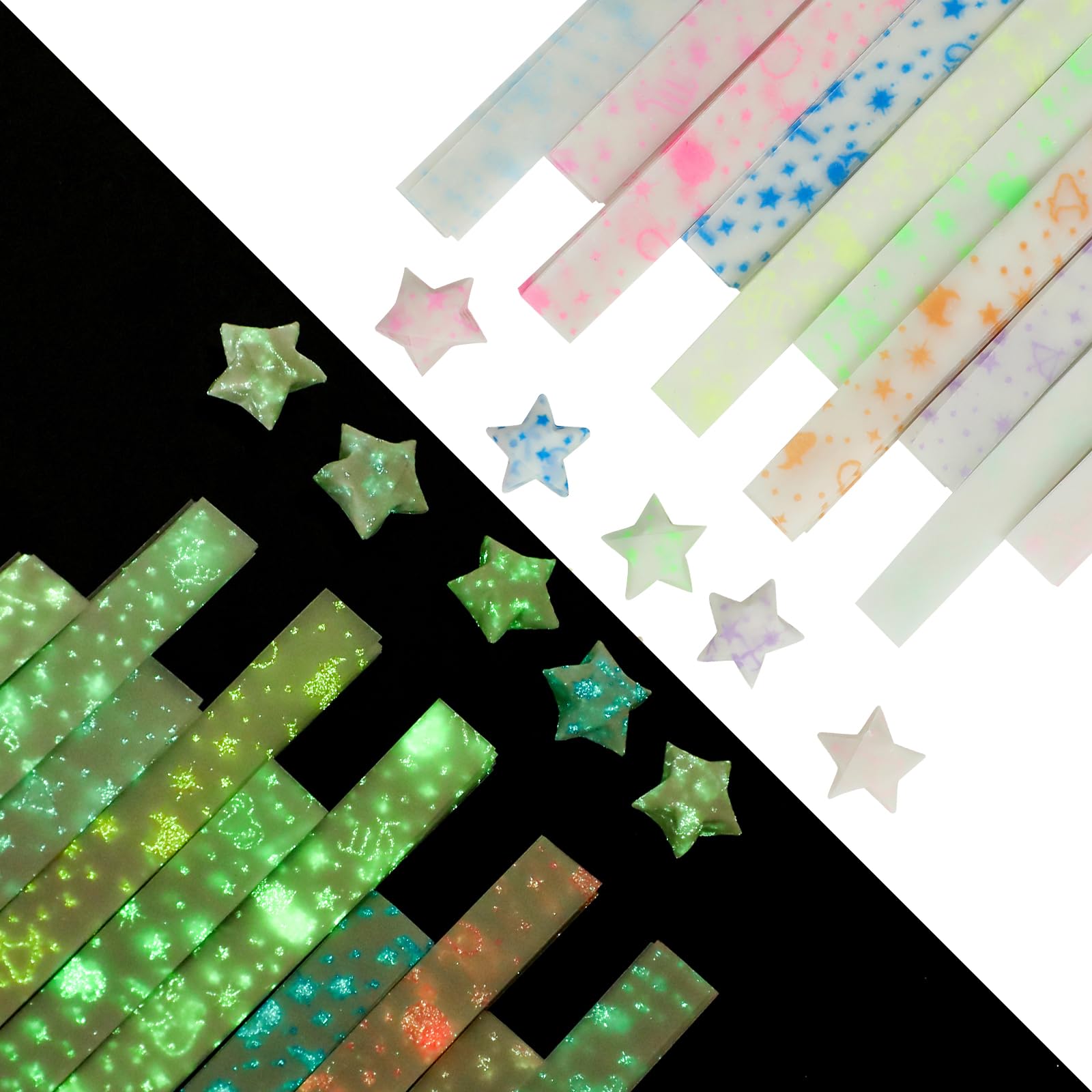 210 Sheets Origami Stars Papers, Luminous DIY Lucky Star Paper Strips, 10 Colors Constellation Pattern Star Folding Paper (Glows in the Dark)
