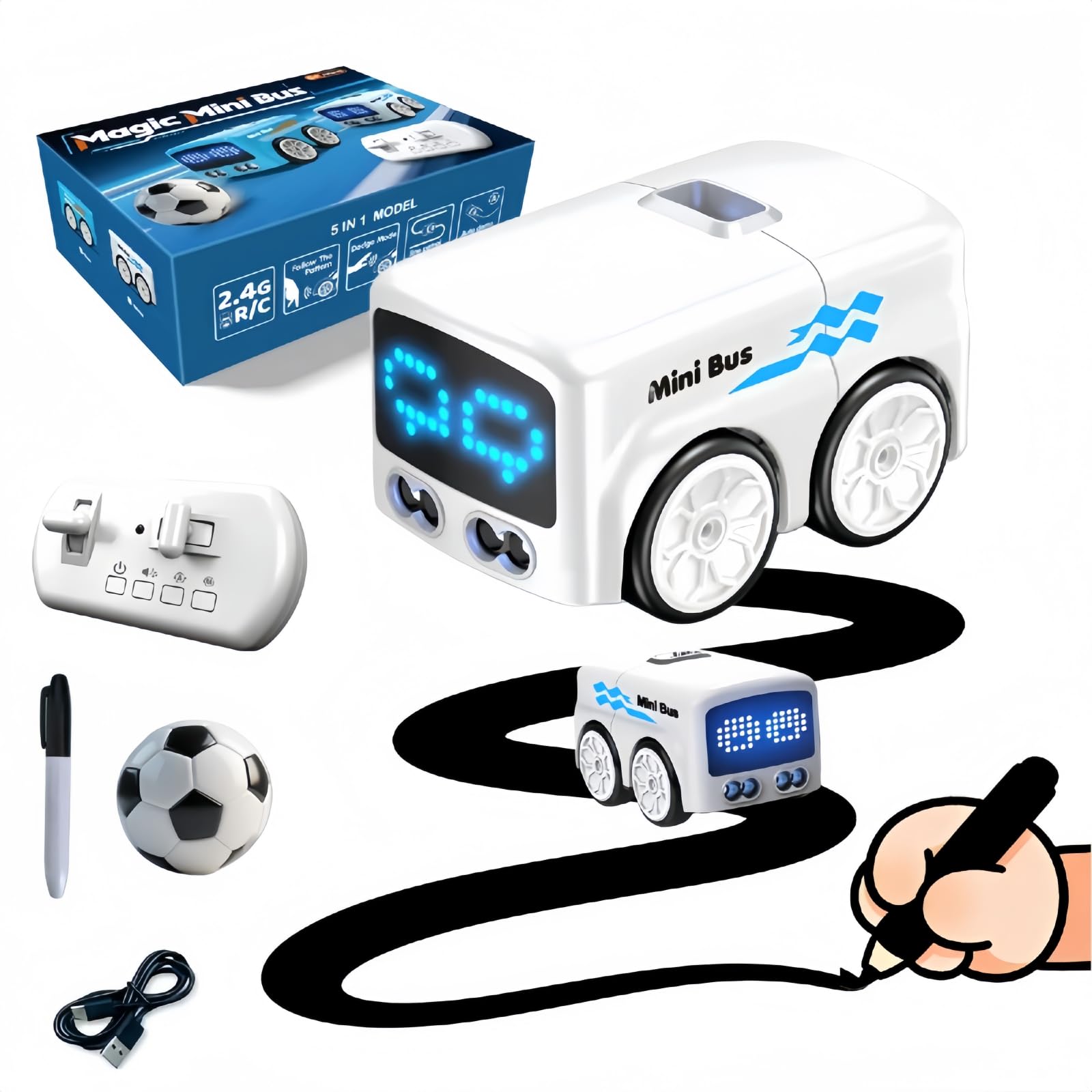 Magic Mini Bus Toy – Interactive Inductive Magic Follows Line Car with Cute LED Lights, Gesture-Follow & Smart RC Control & Follow/Escape Modes – STEM