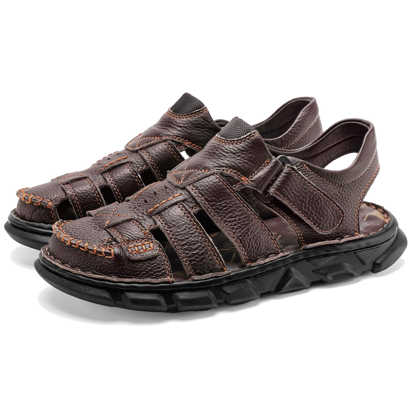 Moodeng Men's Leather Sandals Outdoor Sport Sandals Athletic Closed Toe Sandals Hand Sewing Comfortable Walking