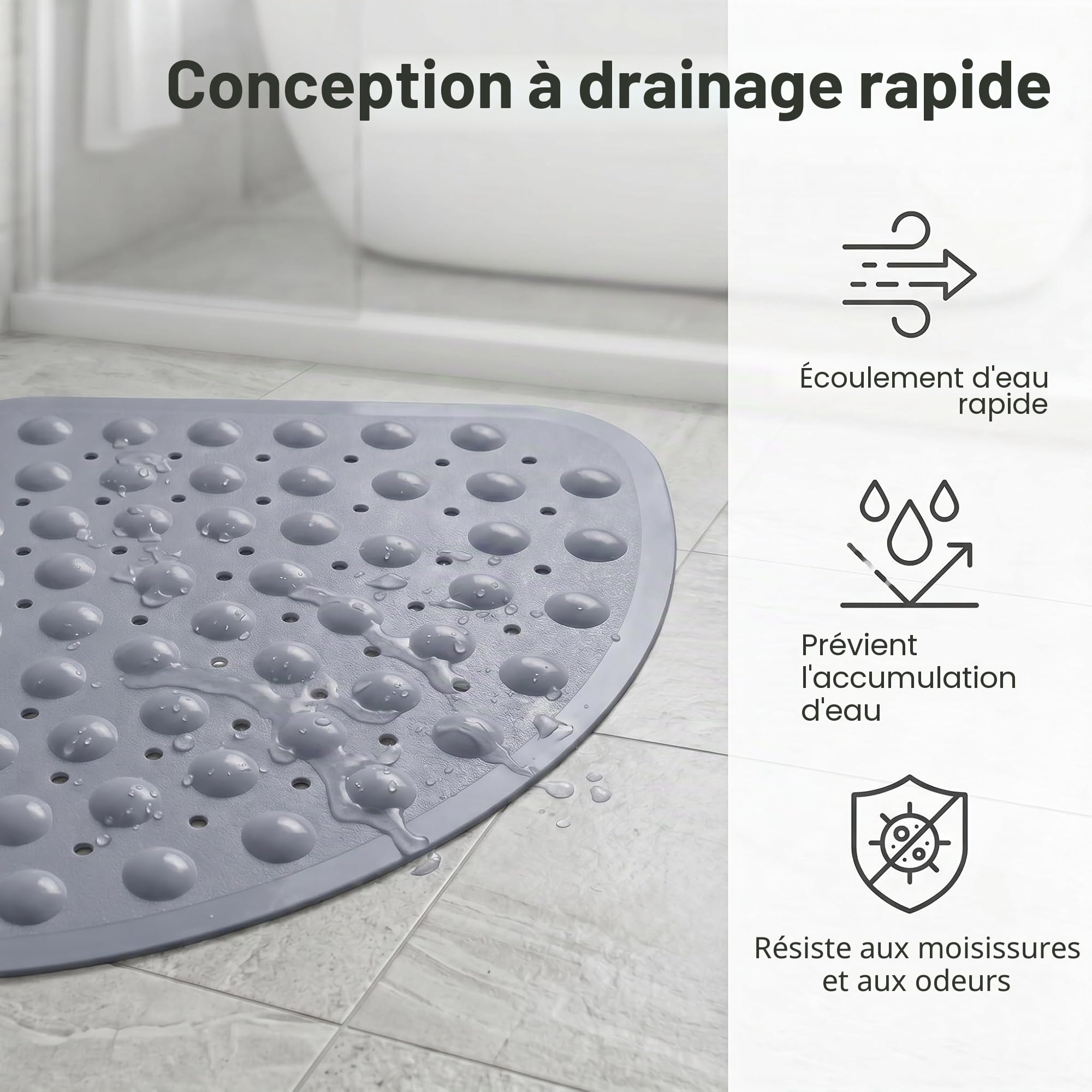Tapis de Douche Antidérapant d'angle 70x70 cm Gris – Tapis de Bain en PVC avec Ventouses Puissantes et Trous de Drainage, Séchage Rapide, Anti-moisissure, Design Moderne, Lavable en Machine