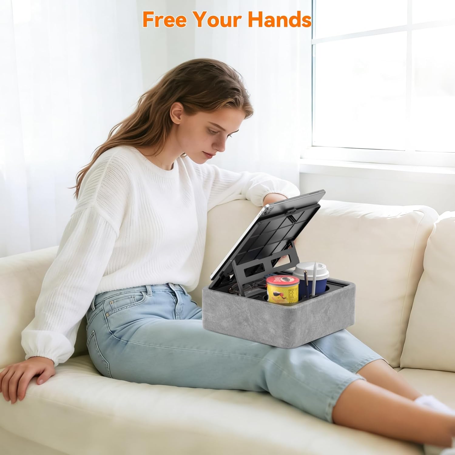 KDD 5 in 1 Tablet Pillow Holder, Foldable Book Stand for Reading with Storage Tray, Pen Slot and 2 Cup Holders, Adjustable iPad Stand for Lap, Bed, Desk and Couch Compatible with Tablet and Book