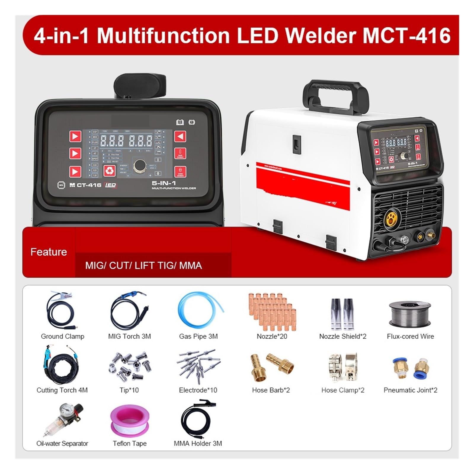 MCT-416 Saldatrice semiautomatica, MIG TIG ARC CUT 4 in 1 senza gas, MIG Welder Pilot Arc Taglio senza contatto - Kit per saldatura(110-220)