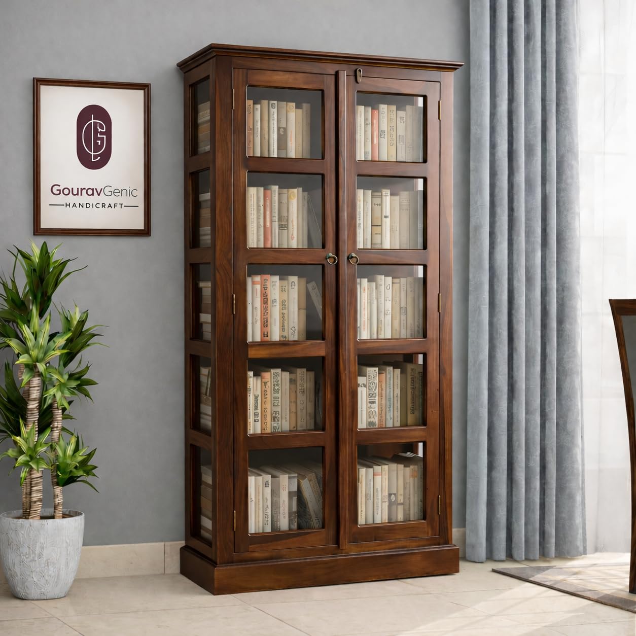 Sheesham Wood Crockery Cabinet with Glass Door | Solid Wood Storage Almirah for Living Room | Wooden Book Shelf & Display Unit | Walnut Finish-image-49