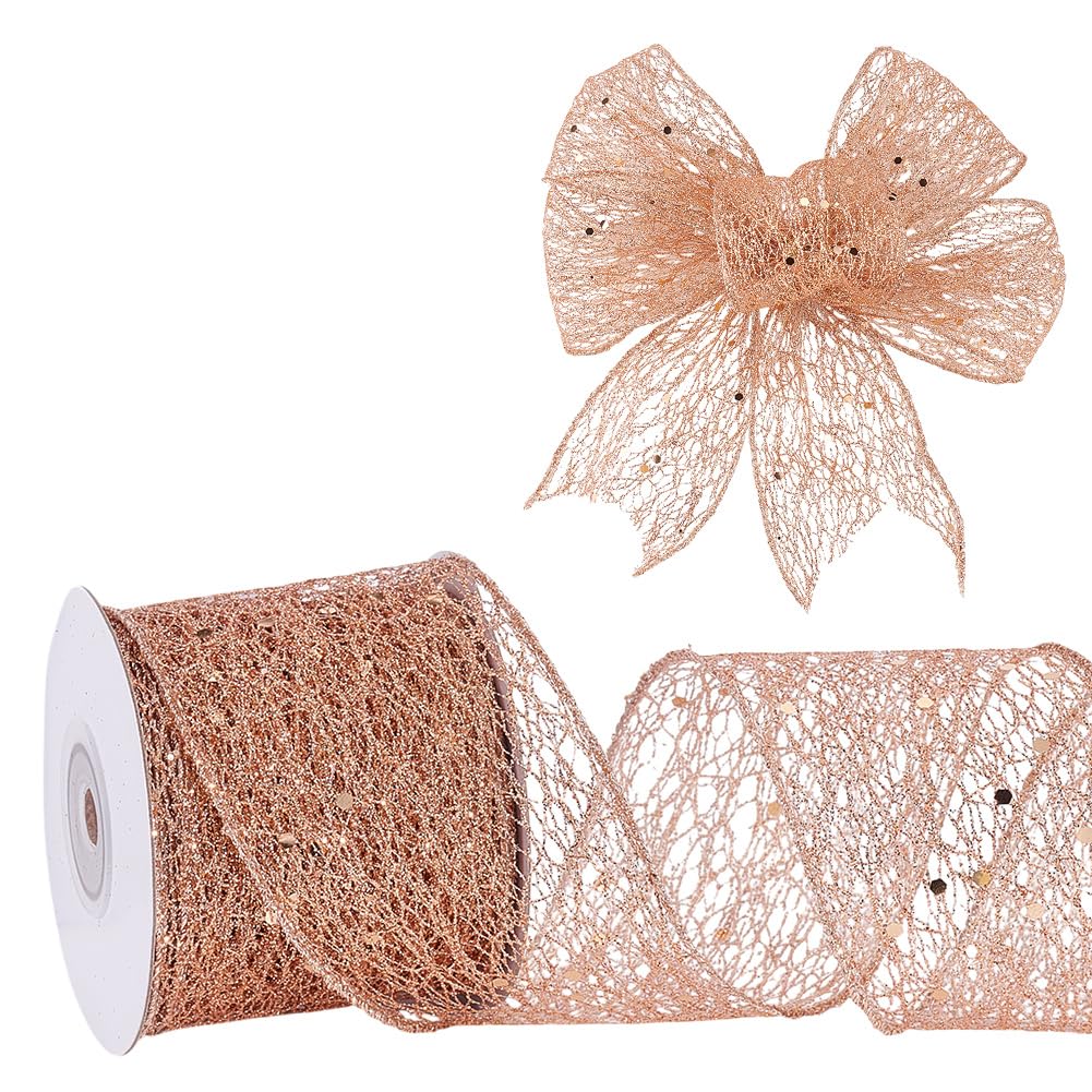 NBEADS 10 Yards Sparkling Glitter Mesh Ribbon, 6.3cm Wide Christmas Wired Edge Ribbon Sparkling Fabric Ribbon for Home Decor Bow Gift Wrapping Sewing Accessories, Sandy Brown