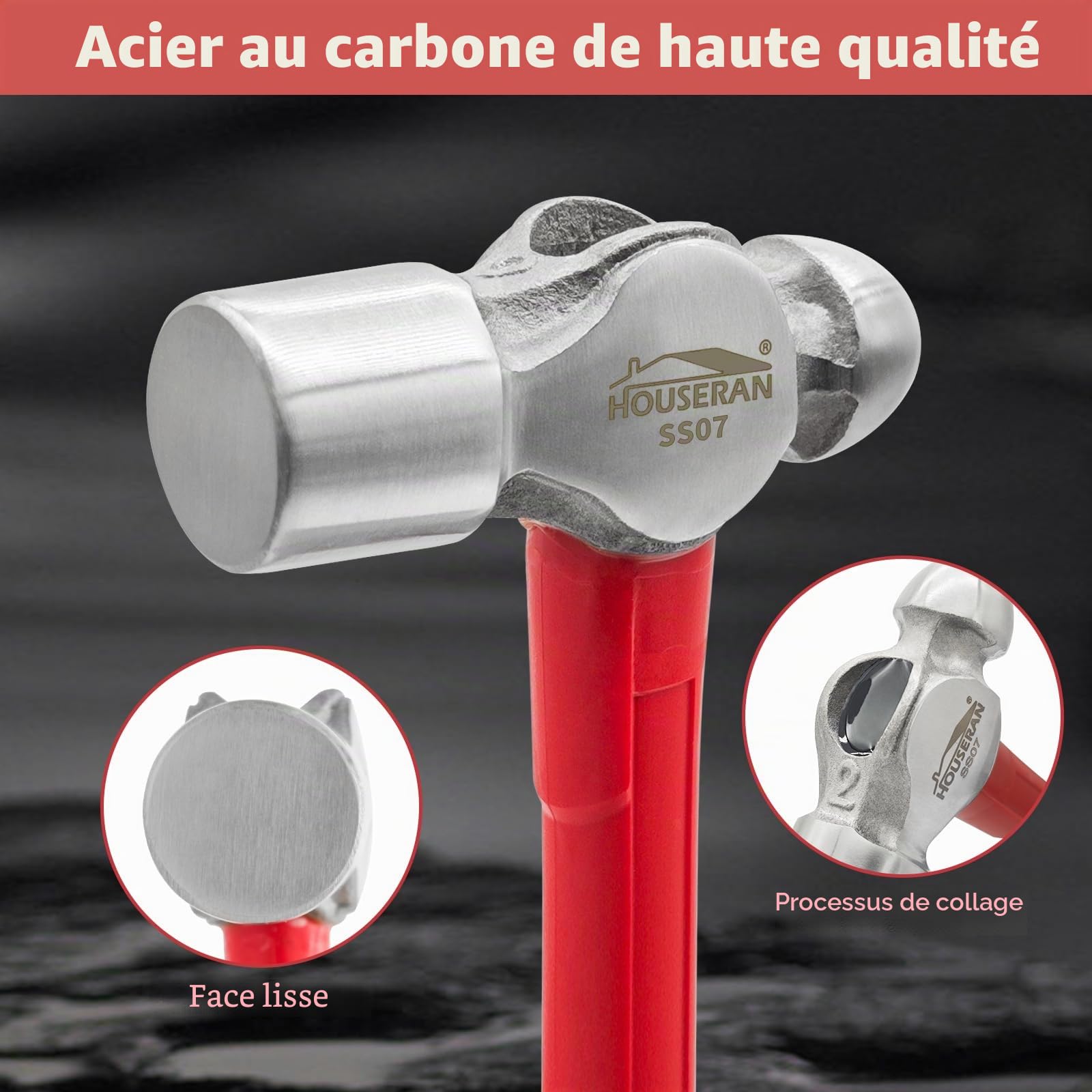 Marteau de Forgeron à Panne Ronde 1100 g Acier Carbone Forgé | Tête à panne ronde en acier au carbone, manche 33 cm antidérapant. Pour le travail du métal et la réparation de charpente.