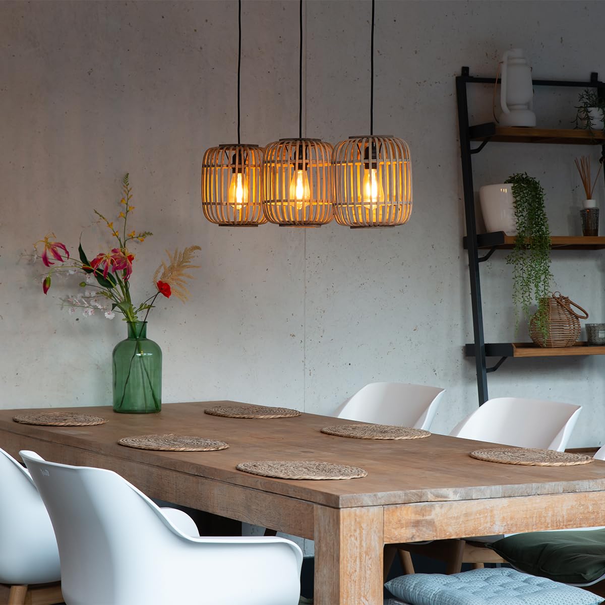 Qazqa manila - Suspension multiples - 3 lumière - L 1000 mm - Beige - Rustique, Rustique - éclairage intérieur - Salon I Chambre I Cuisine I Salle à manger