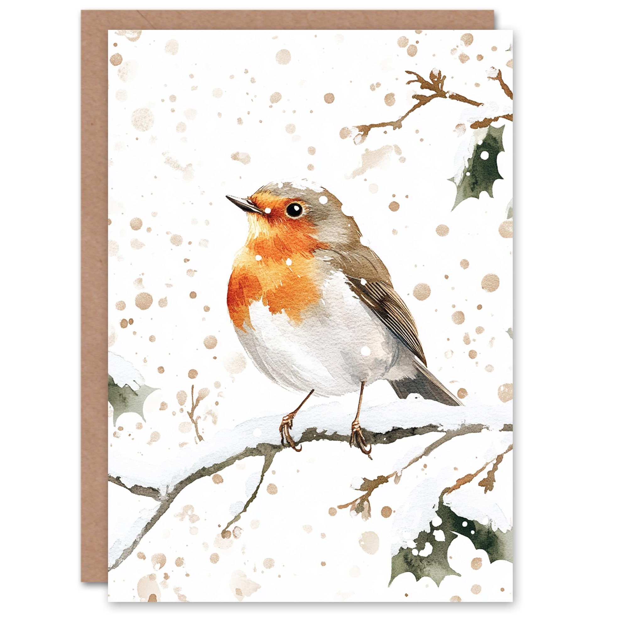 Artery8 Robin Bird Perched Snow Covered Branch Blank For Him Or Her Art Xmas Festive Christmas Card
