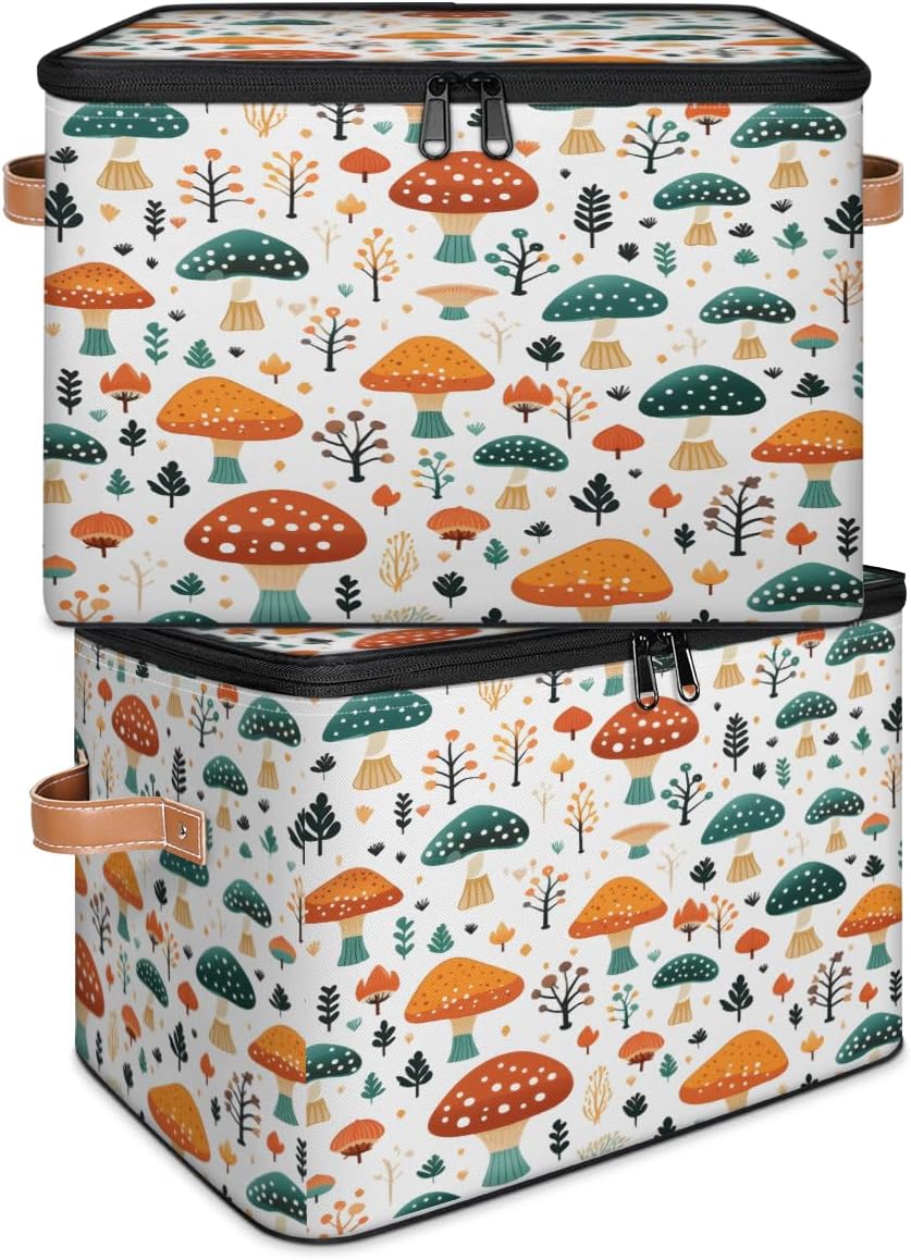 Storage Bin Set of 2 Colorful Mushroom Storage Basket with Zipper Lid & Handle Foldable Closet Shelf 2 Pack Cloth Organizer Basket Cube Bins Clothes Organizer for Bedroom, Nursery