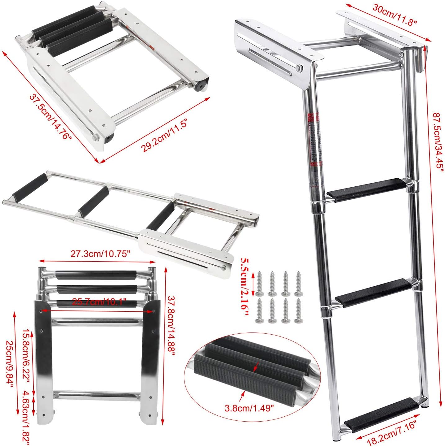 Amarine Made Boat Ladder, 3-Step Under Platform Slide Mount Boat Boarding Ladder, Telescoping, Stainless Steel