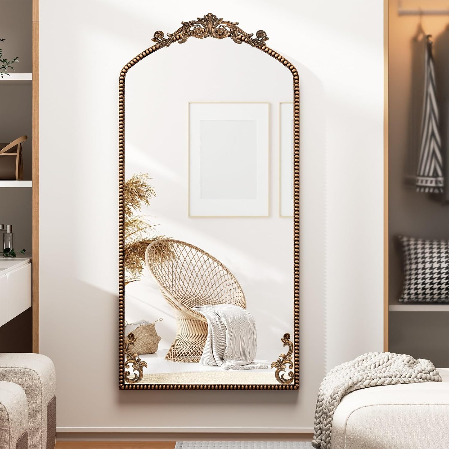 Gold Arched Full Length Mirror 71"×32", Large Traditional Vintage Baroque Inspired Floor Mirror, Ornate Antiqued Bronze Mirror for Wall, Living Room/Bedroom/Hallway/Home Decor