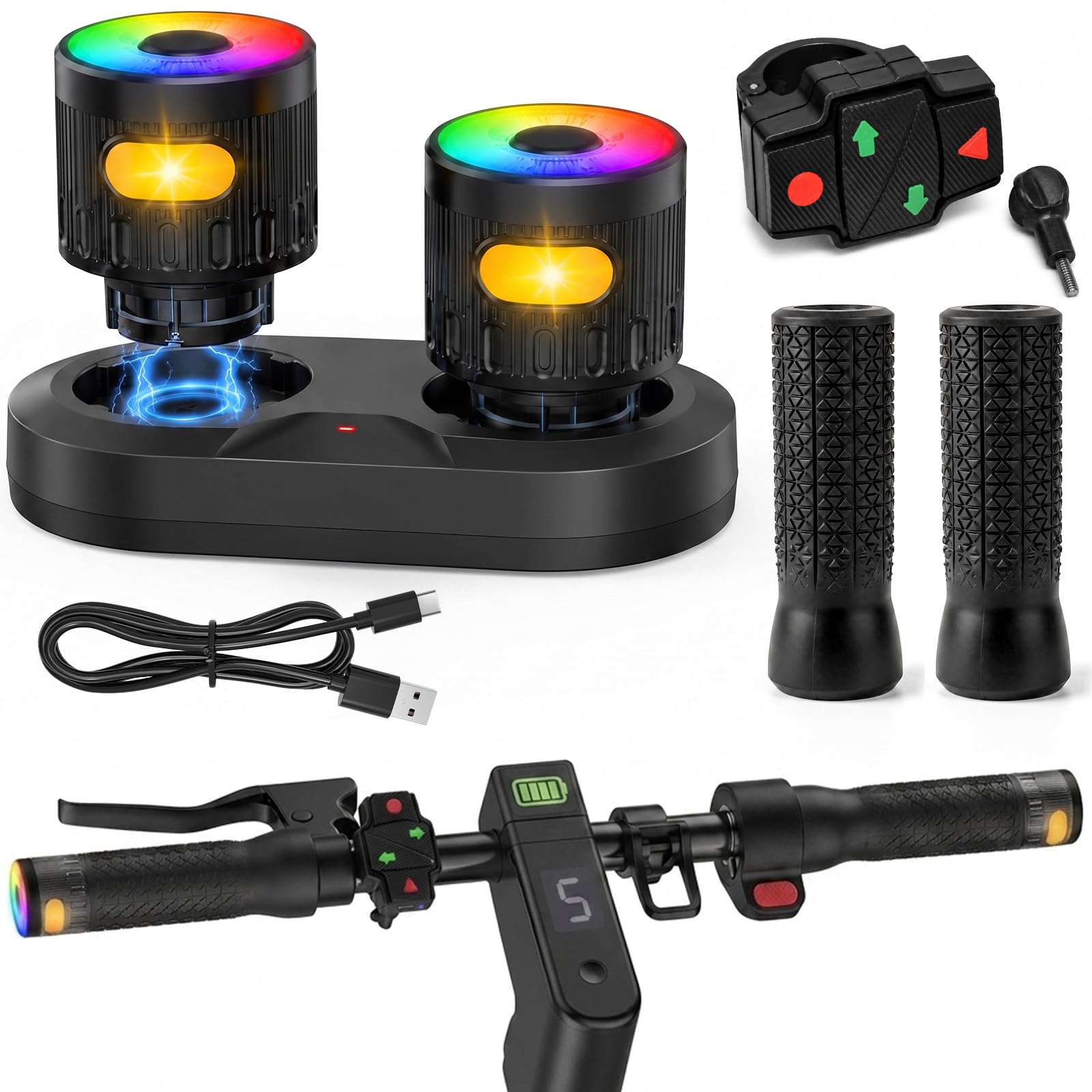 E Scooter Blinker Griff - Roller Blinklicht mit 6 Farbenfrohen Lichtmodi, Magnetischer Ladestation & Fernbedienung, Handlebar Grips, für Xiaomi M365/Pro1/Pro2 Ninebot G30, Scooter Zubehör