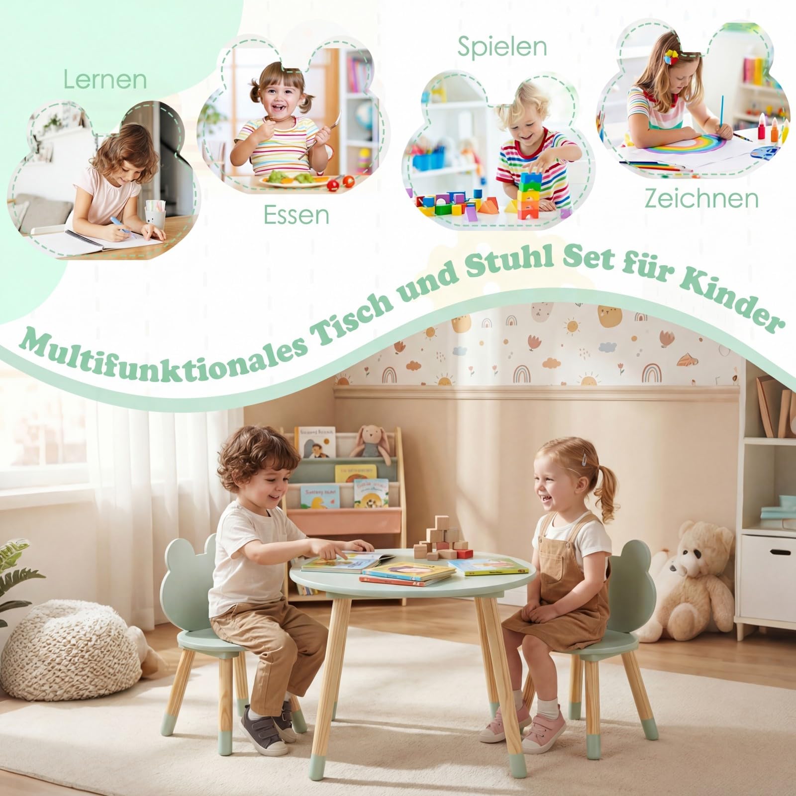 COSTWAY Kindertisch mit 2 Stühlen in Froschform, 3 teilige Kindersitzgruppe mit Kiefernholzbeinen, Kinder Tisch Stuhl Set innen, runder Maltisch für Kinder ab 3 Jahren (Grün)