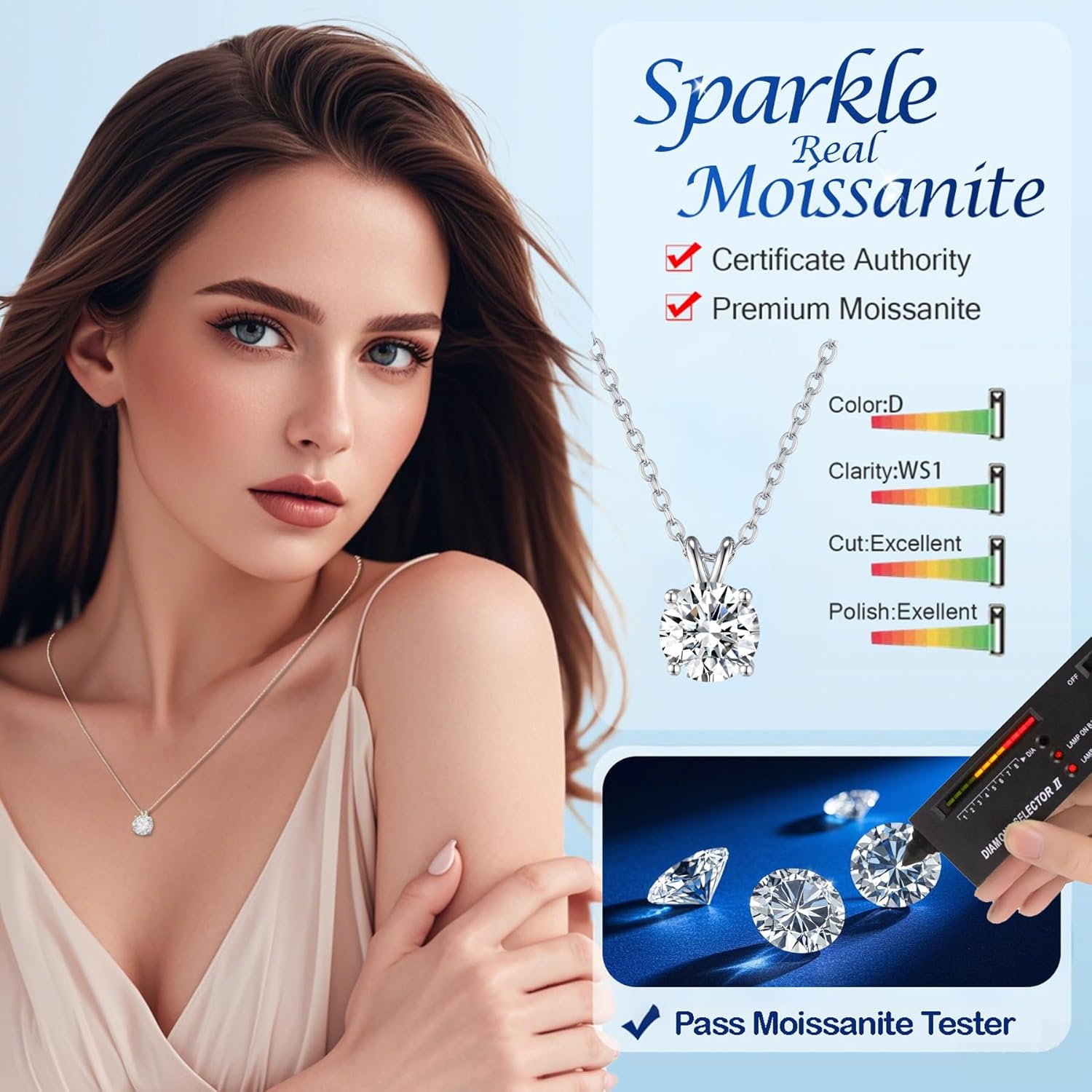 SecreTalk 1-5CT Moissanite Pendant Necklace for Women, 4-Prong 925 Sterling Silver D Color Necklace with Certificate of Authenticity - Image 2