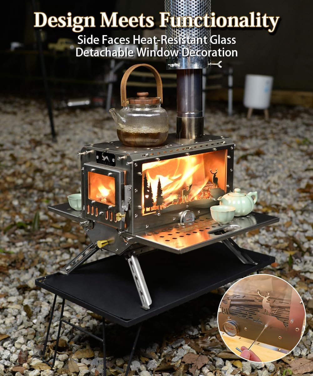 TOMOUNT Hot Tent Stove,Wood Stove with 7 Chimney Pipes,304 Stainless Camping Tent Stove with Spark Damper, Wood Burning Stove for Cooking and Heating，with heat-resistant Glass Window