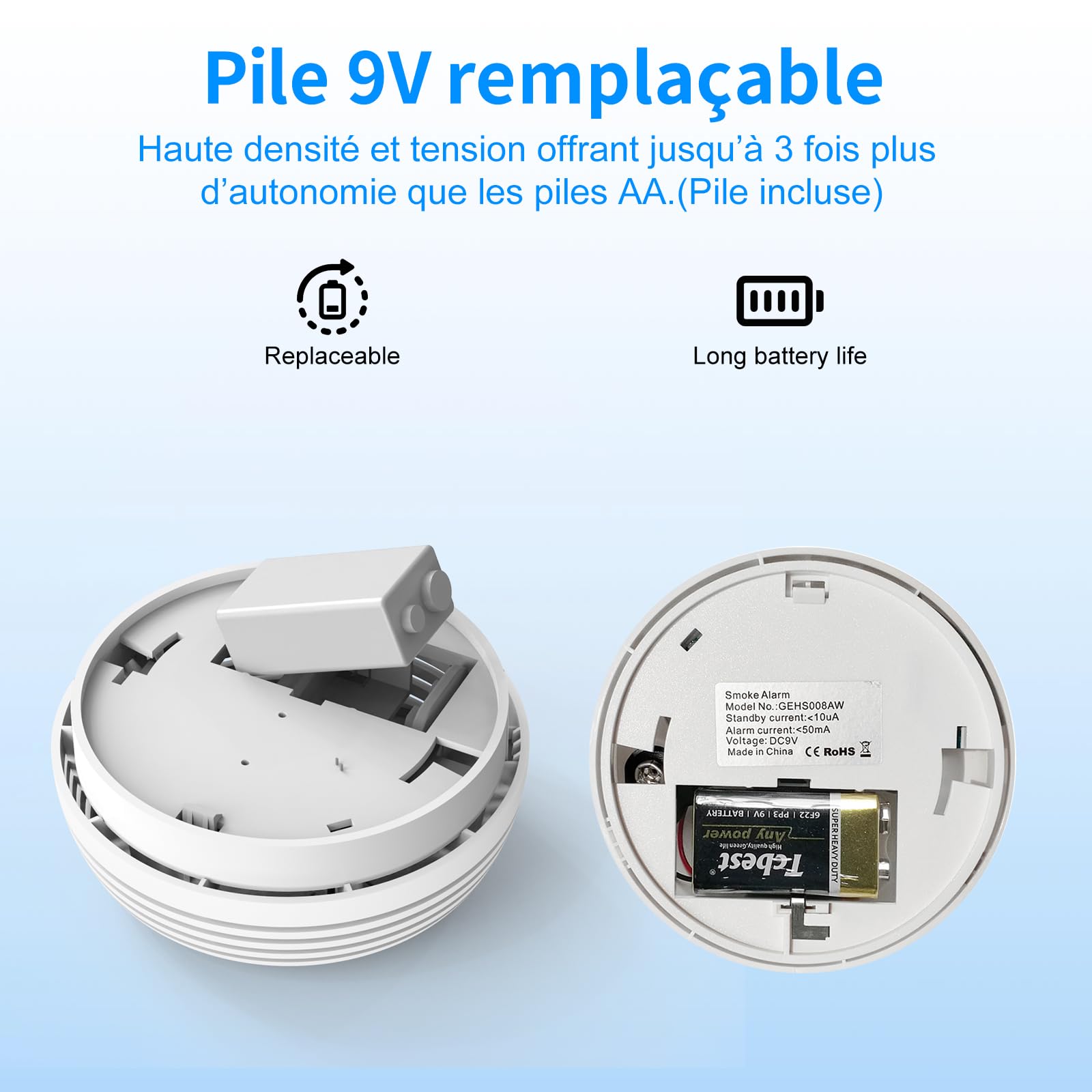 XUK Lot de 2 Detecteur de Fumée – Alarme Incendie avec Pile 9V Remplaçable, Avertissement Batterie Faible, 85 DB, sans Fausses Alertes, Bouton Test et Silence, EN14604, 10 Ans (2 pièces)