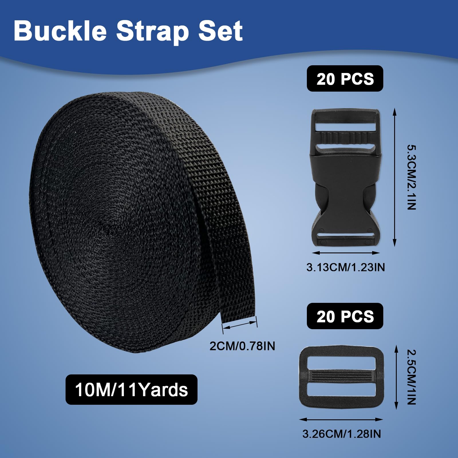 Sangle en Nylon de 10 m avec 20 Paires de Boucles, 20 mm de Long, Bande en Nylon Noir avec Fermeture Rapide pour Sac à Dos, Sac à Bagages, Collier pour Chien, Noir, 2 cm x 10 m