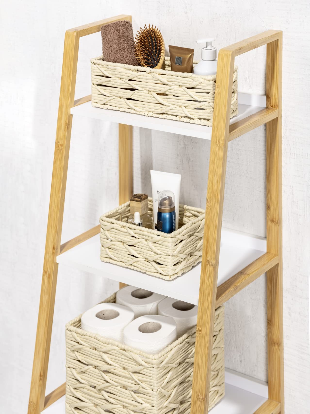 Wenko Scatola da Bagno Vabriano, Cestino Portaoggetti in Rete di Carta, per Bagno e Ufficio, 32 x 10 x 10 cm, Stile Boho, Beige