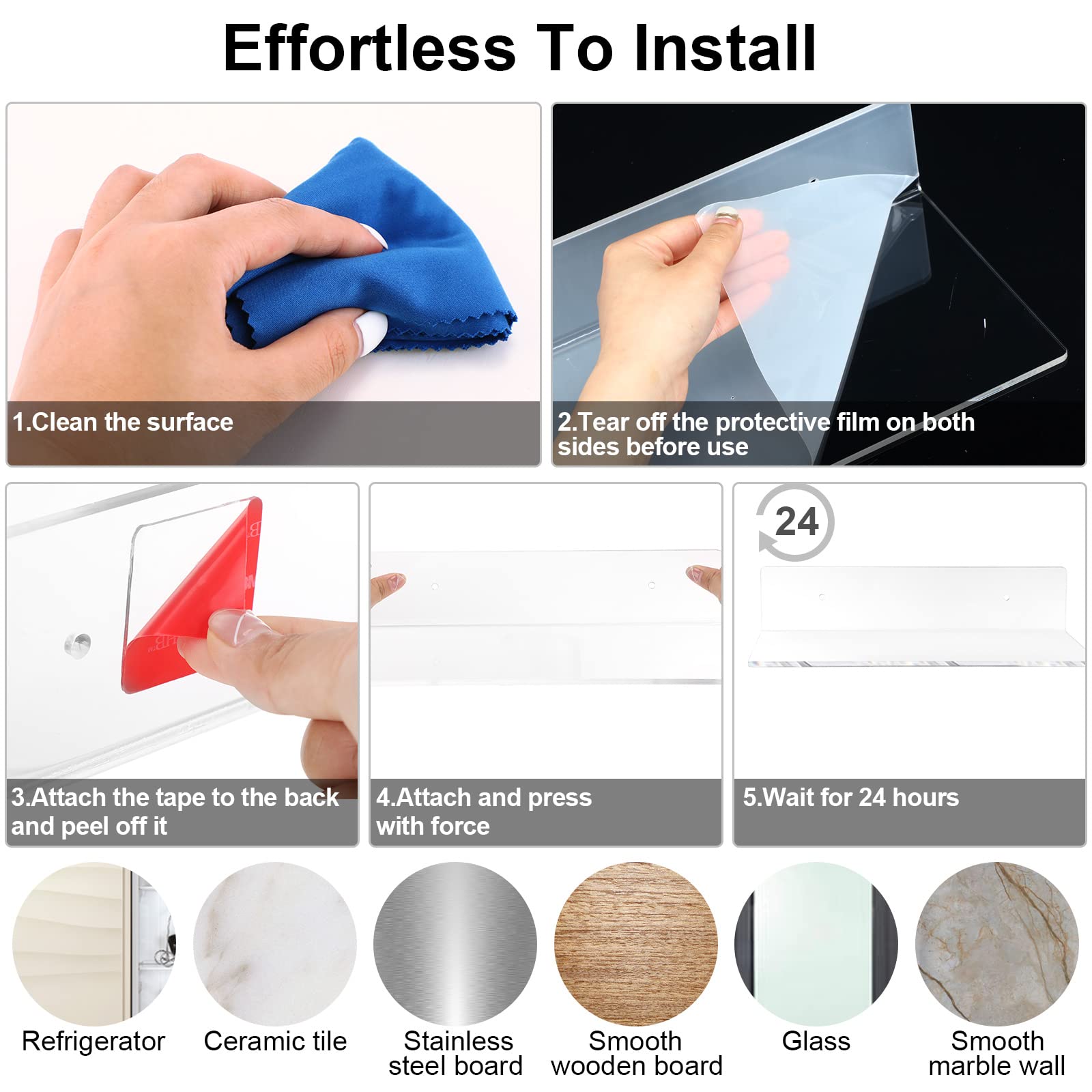 12 Pack Acrylic Floating Shelves 12 Inch Clear Acrylic Shelf Wall Display 4 mm Thick Invisible Book Shelves for Bedroom, Living Room, Bathroom, Office