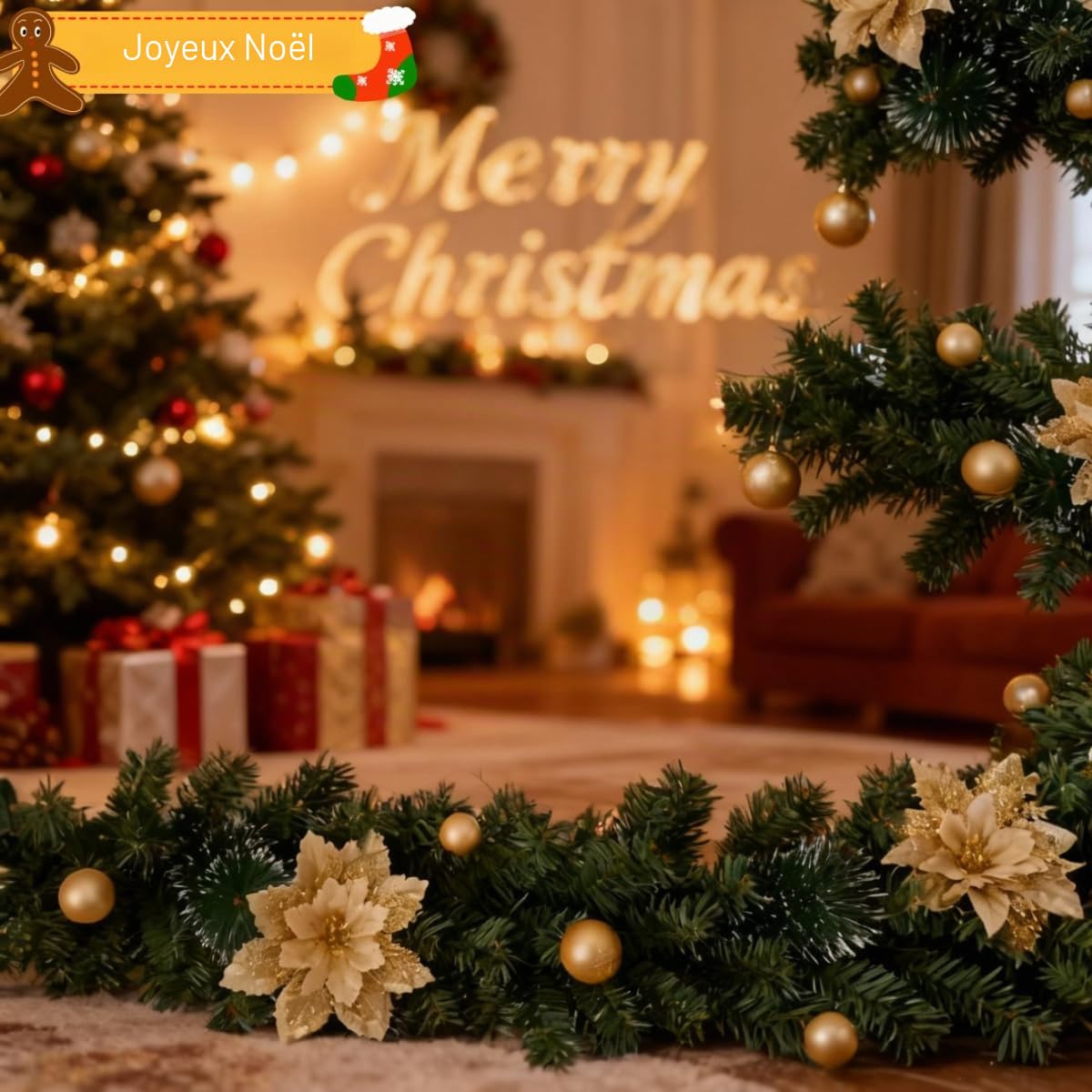 Guirlande de Noël 270cm Avec Lumières Chaudes 5M 50 Leds, Guirlande de Noël avec doré Fleurs et Boules - Décoration pour Portes, fenêtres, cheminées, escaliers, Cour, intérieur et extérieur